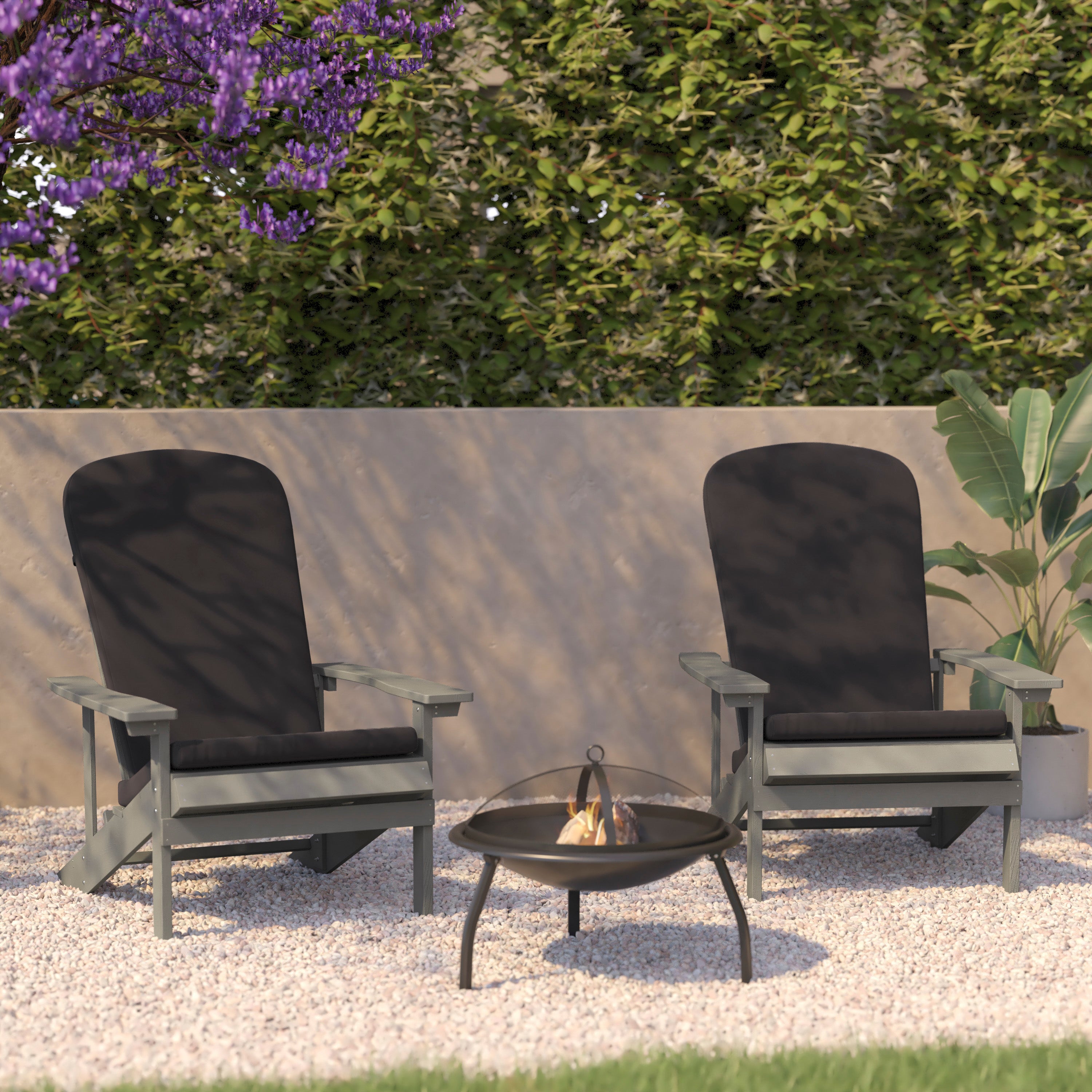 Charlestown Set of 2 All-Weather Poly Resin Wood Adirondack Chairs in Gray with Gray Cushions for Deck, Porch, and Patio