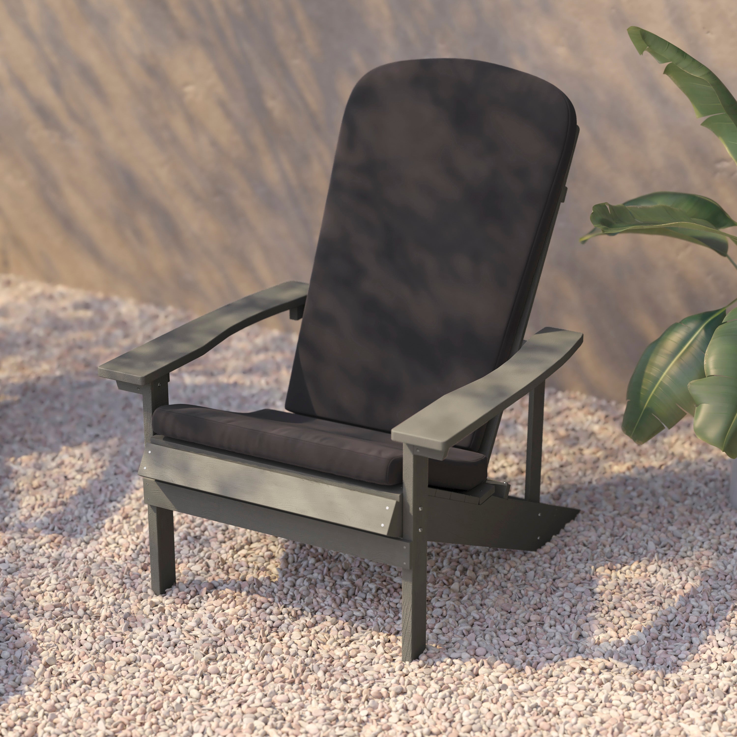 Charlestown Set of 2 All-Weather Poly Resin Wood Adirondack Chairs in Gray with Gray Cushions for Deck, Porch, and Patio