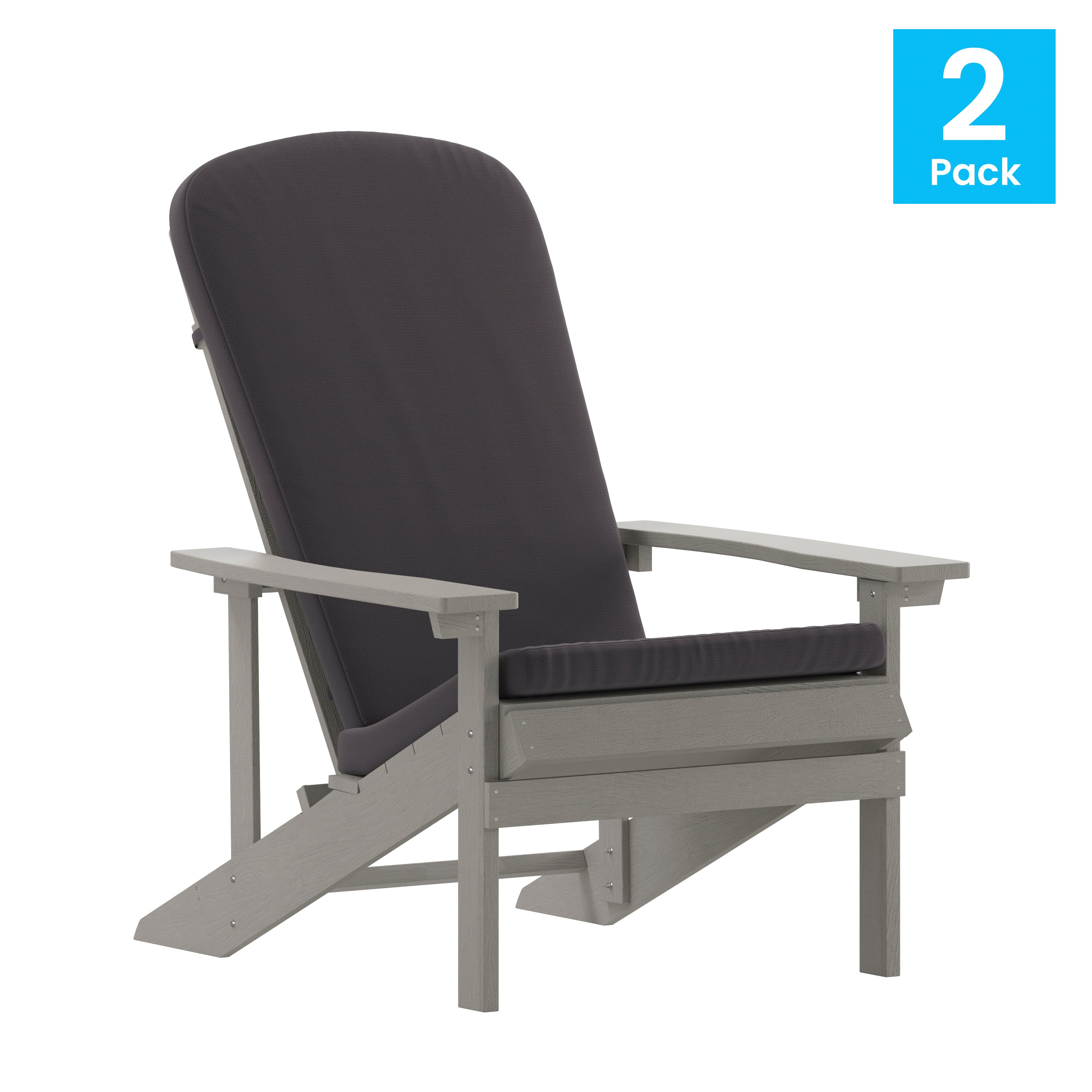 Charlestown Set of 2 All-Weather Poly Resin Wood Adirondack Chairs in Gray with Gray Cushions for Deck, Porch, and Patio