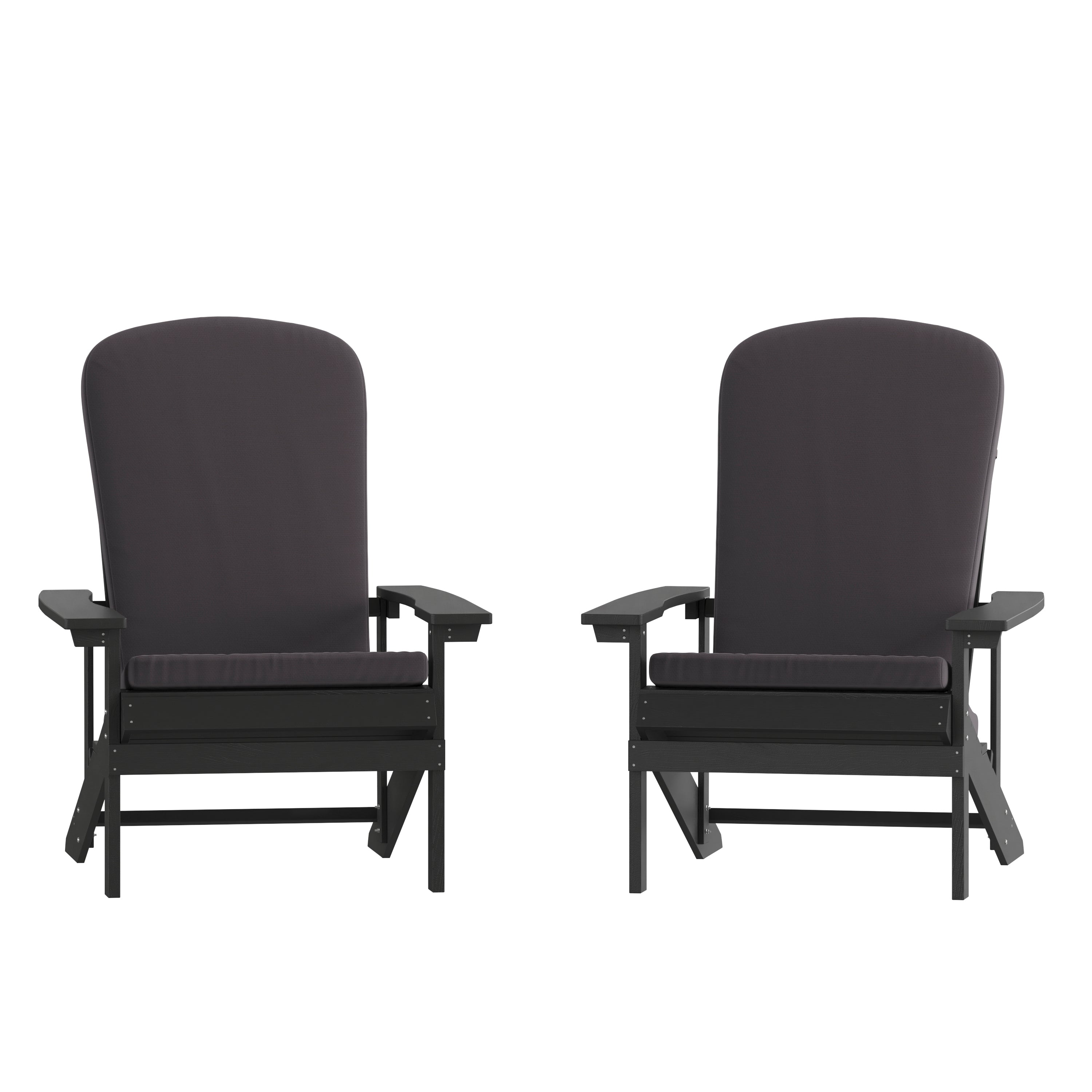 Charlestown Set of 2 All-Weather Poly Resin Wood Adirondack Chairs in Slate Gray with Gray Cushions for Deck, Porch, and Patio