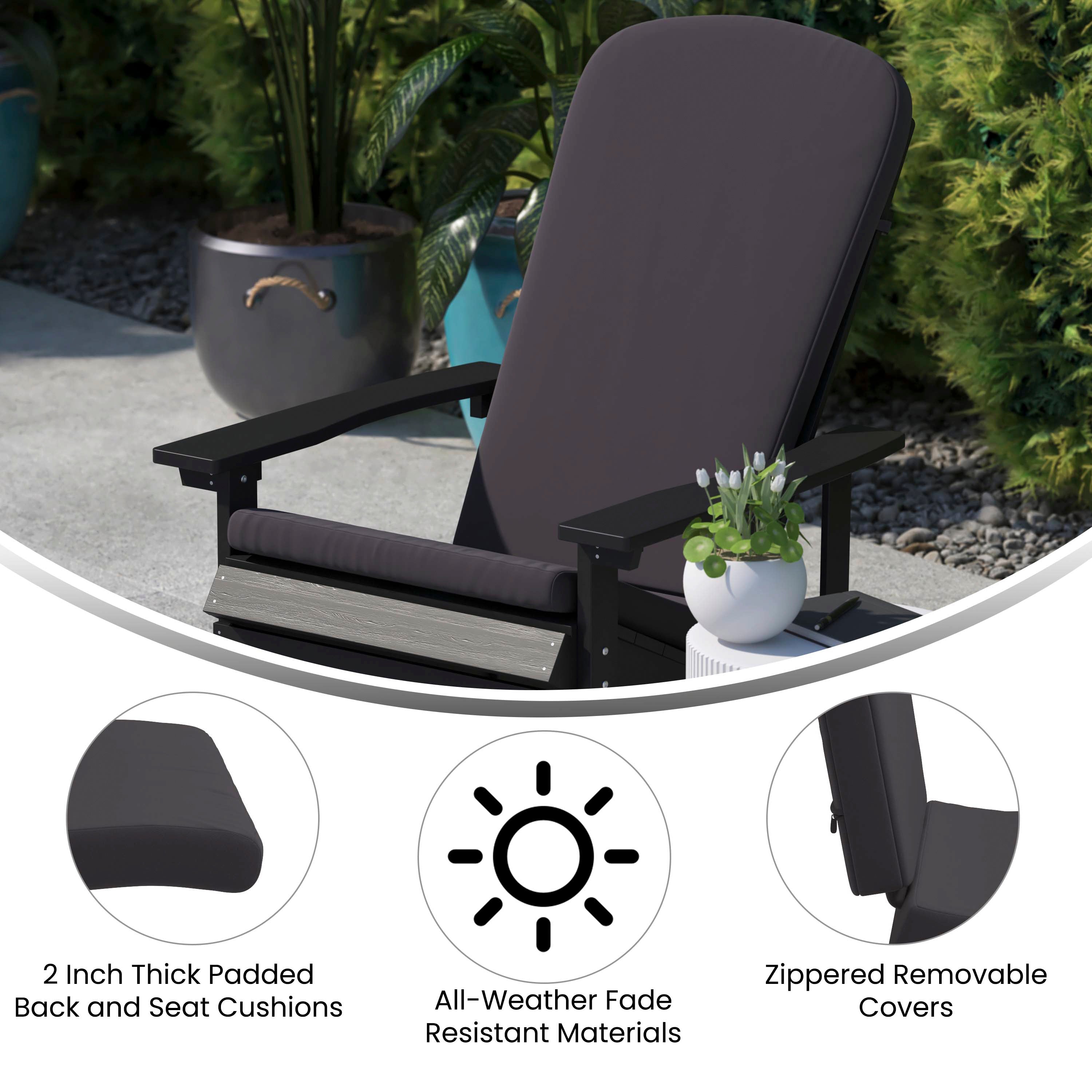 Charlestown Set of 2 All-Weather Poly Resin Wood Adirondack Chairs in Slate Gray with Gray Cushions for Deck, Porch, and Patio