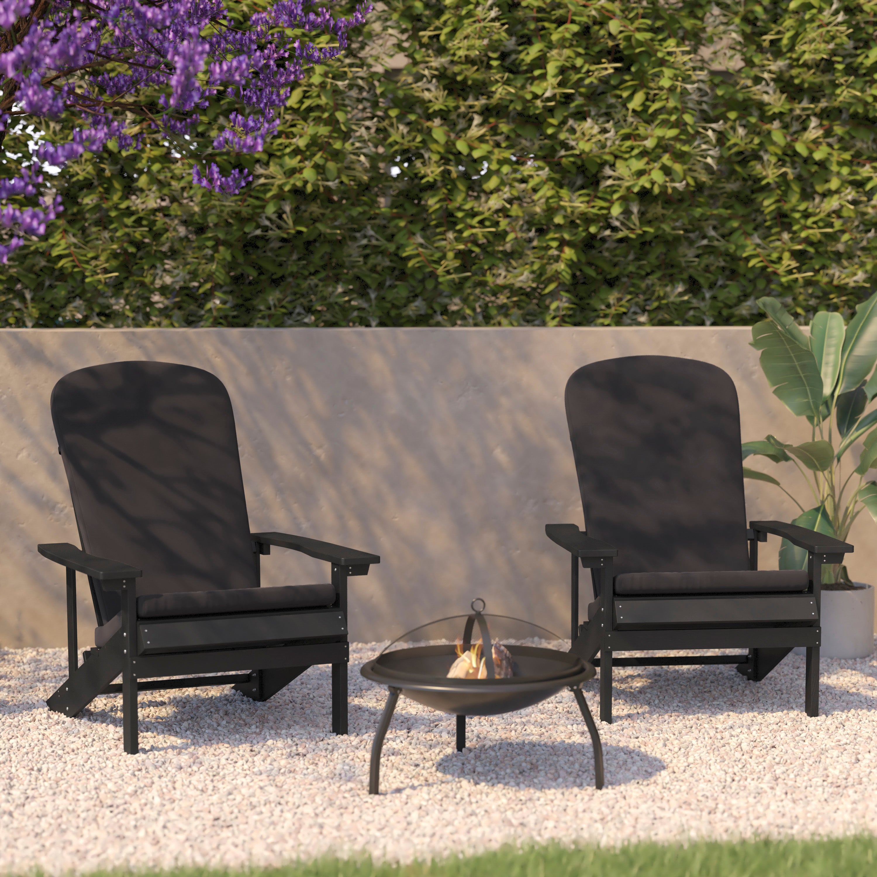 Charlestown Set of 2 All-Weather Poly Resin Wood Adirondack Chairs in Slate Gray with Gray Cushions for Deck, Porch, and Patio