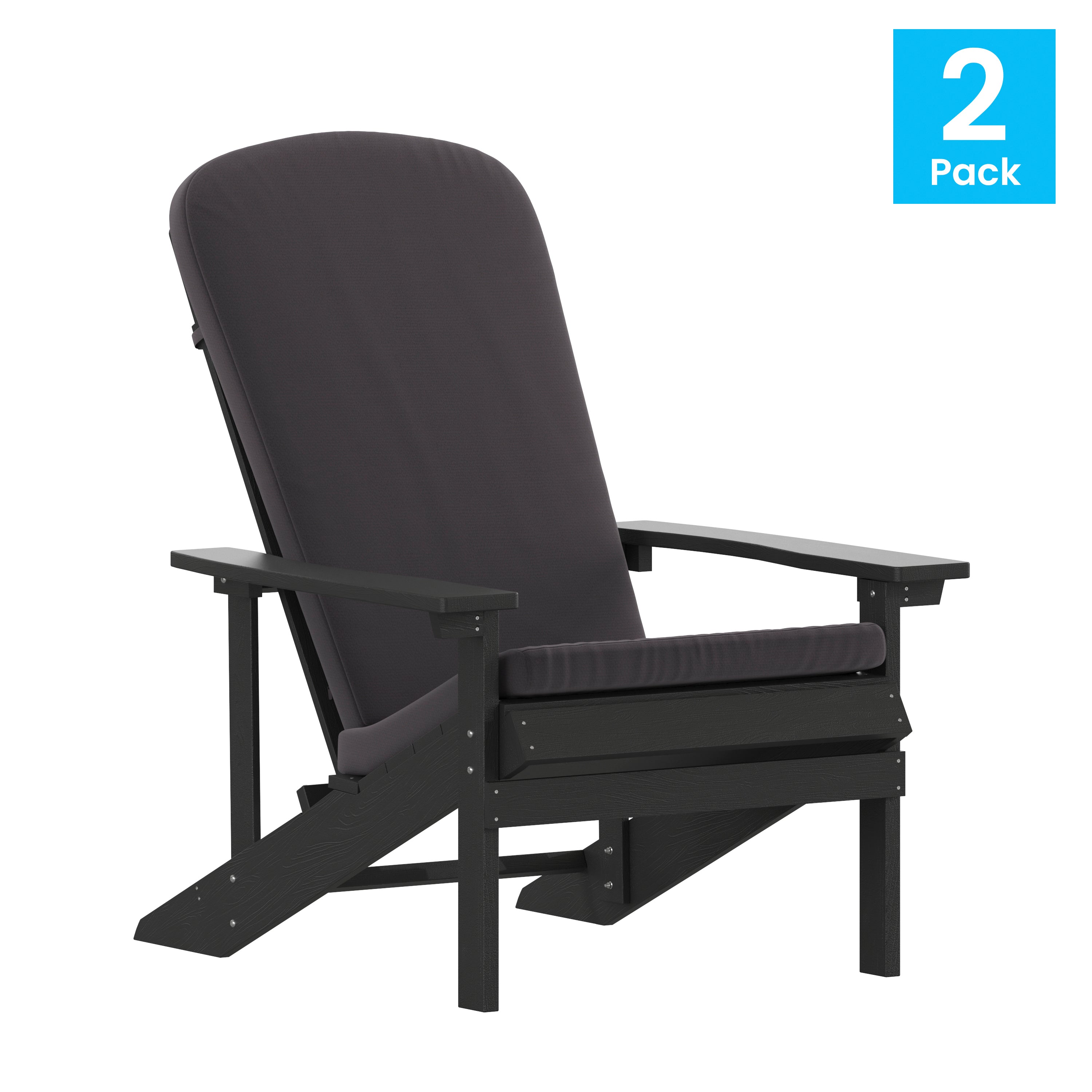 Charlestown Set of 2 All-Weather Poly Resin Wood Adirondack Chairs in Slate Gray with Gray Cushions for Deck, Porch, and Patio