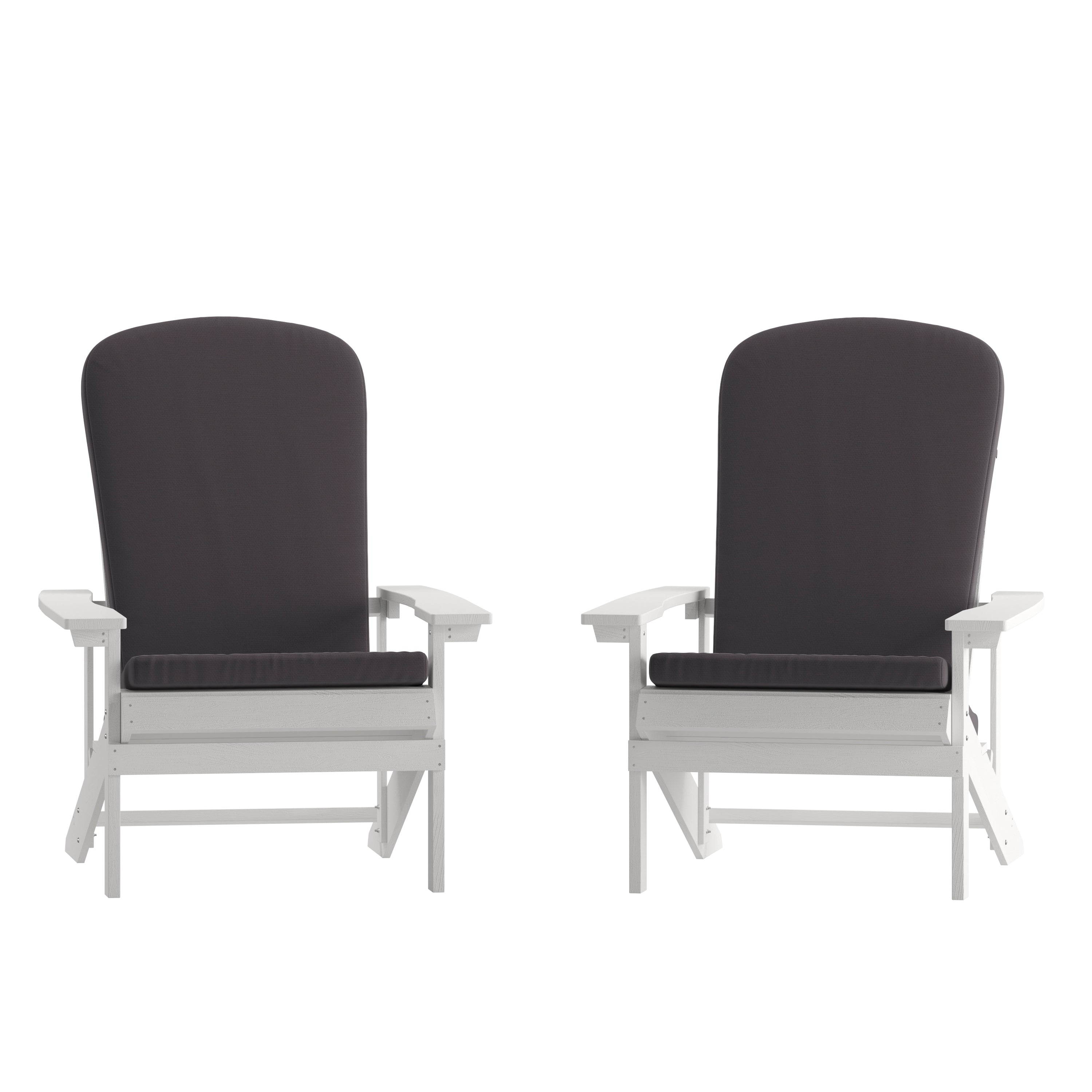 Charlestown Set of 2 All-Weather Poly Resin Wood Adirondack Chairs in White with Gray Cushions for Deck, Porch, and Patio