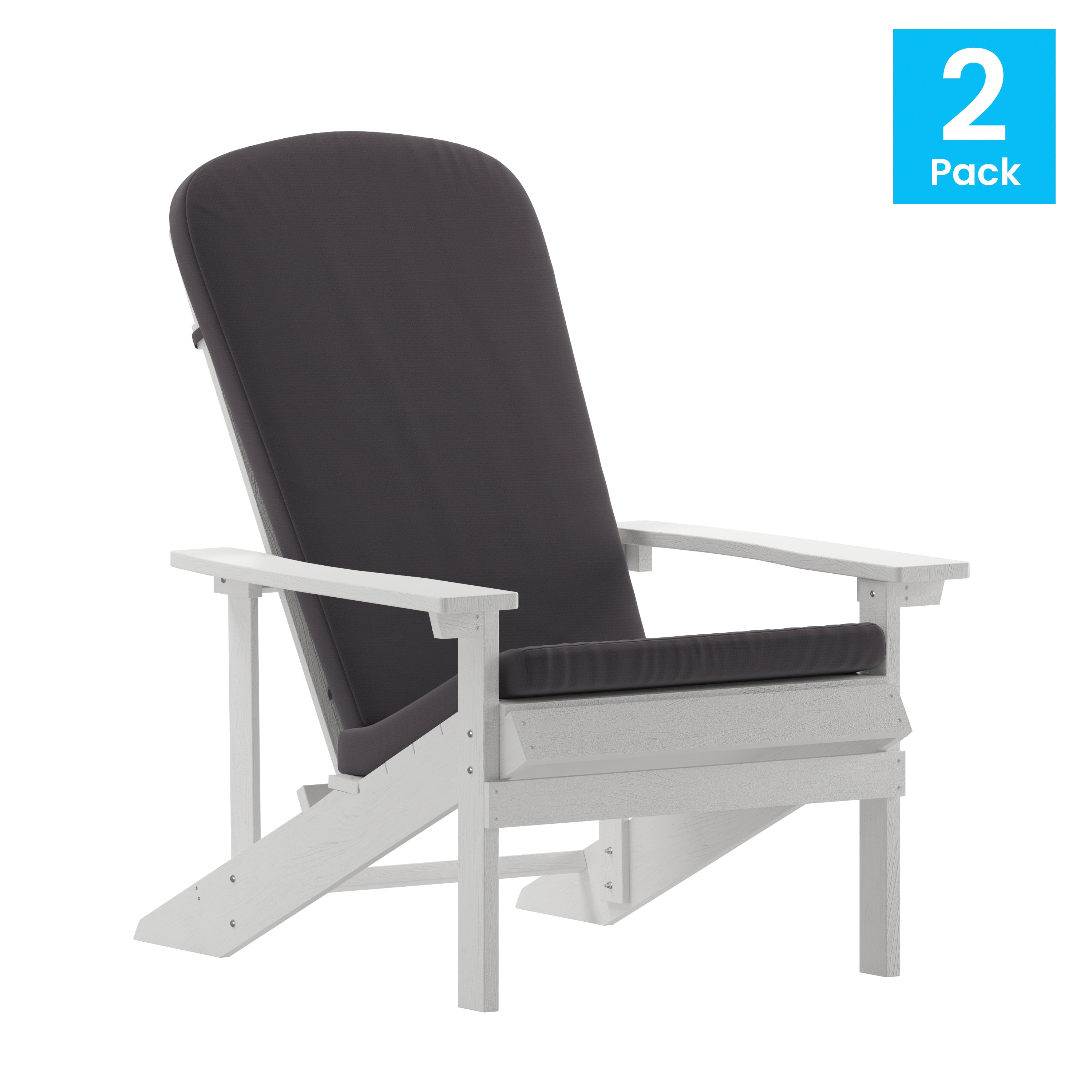 Charlestown Set of 2 All-Weather Poly Resin Wood Adirondack Chairs in White with Gray Cushions for Deck, Porch, and Patio