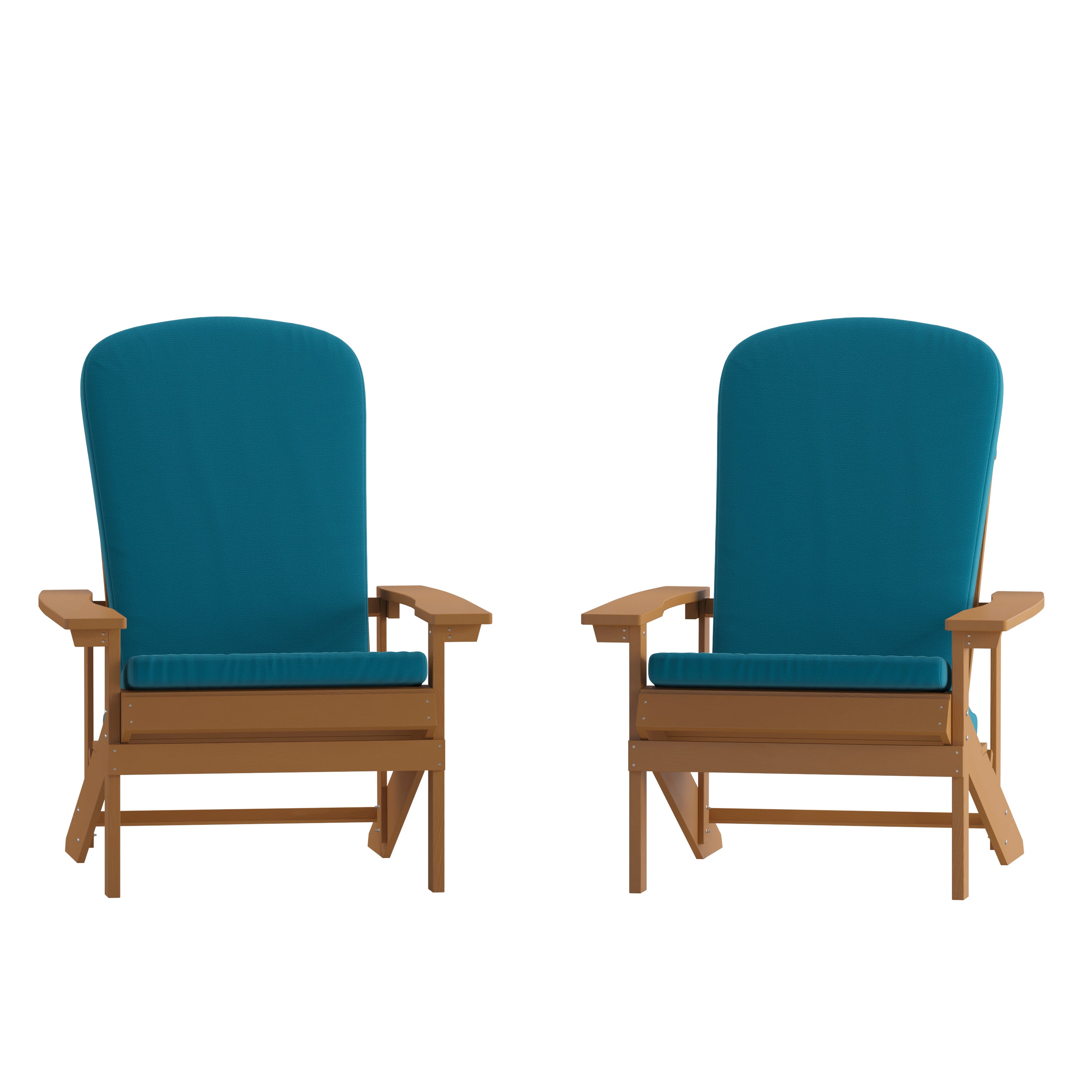 Charlestown Set of 2 All-Weather Poly Resin Wood Adirondack Chairs in Teak with Teal Cushions for Deck, Porch, and Patio