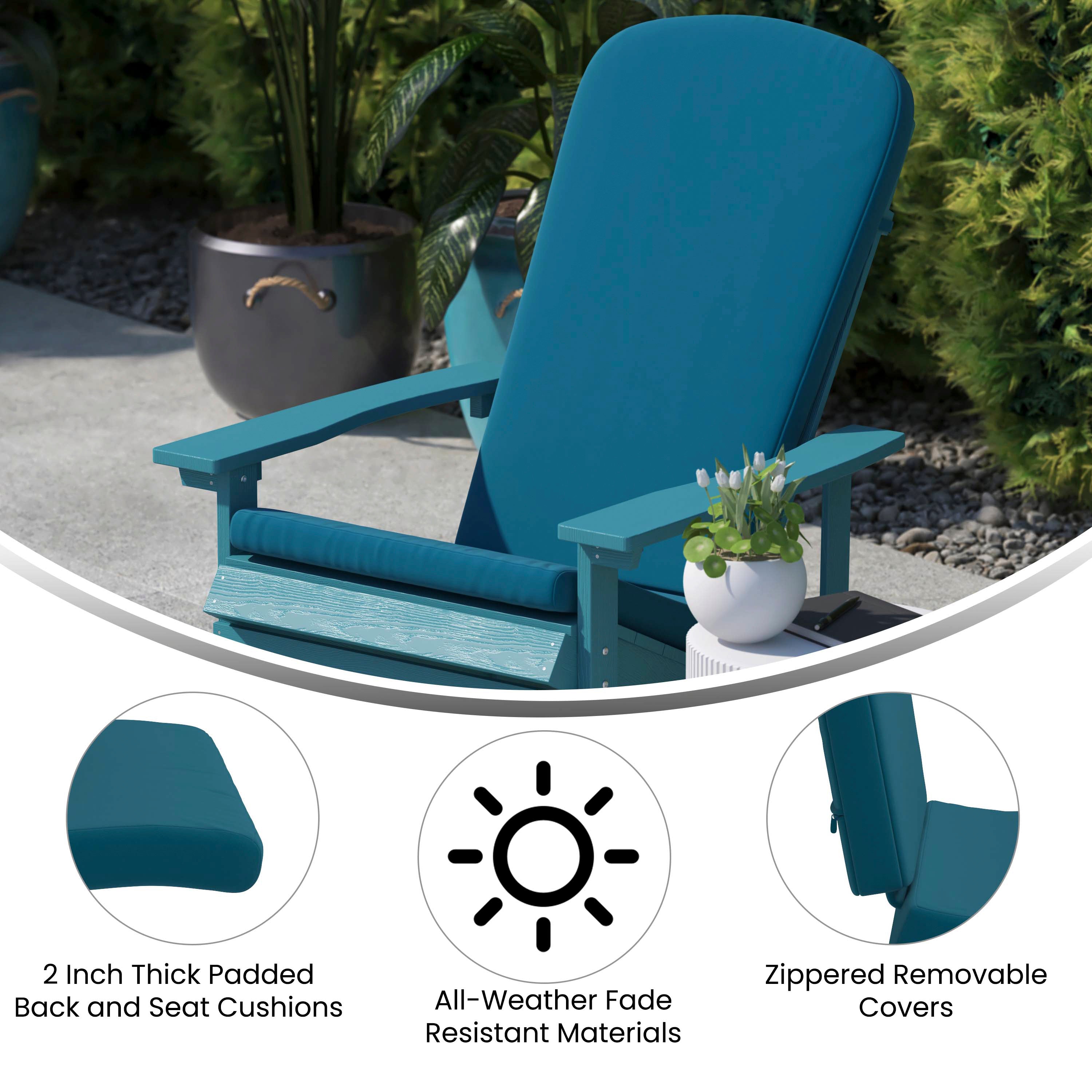 Charlestown Set of 2 All-Weather Poly Resin Wood Adirondack Chairs in Teak with Teal Cushions for Deck, Porch, and Patio