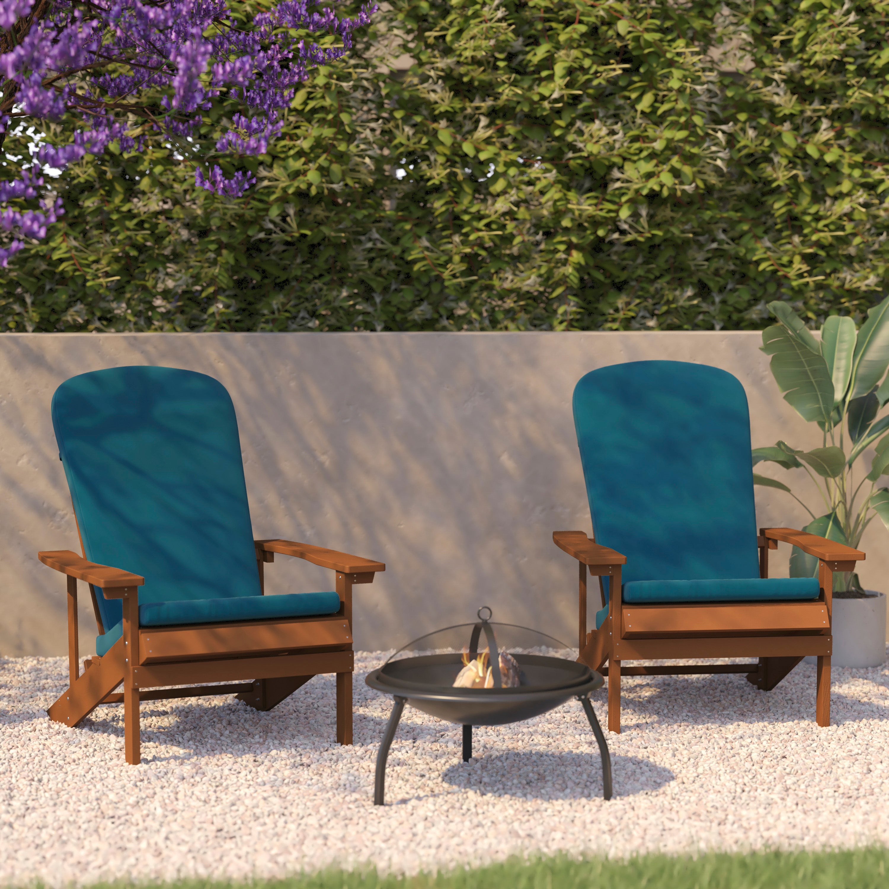 Charlestown Set of 2 All-Weather Poly Resin Wood Adirondack Chairs in Teak with Teal Cushions for Deck, Porch, and Patio