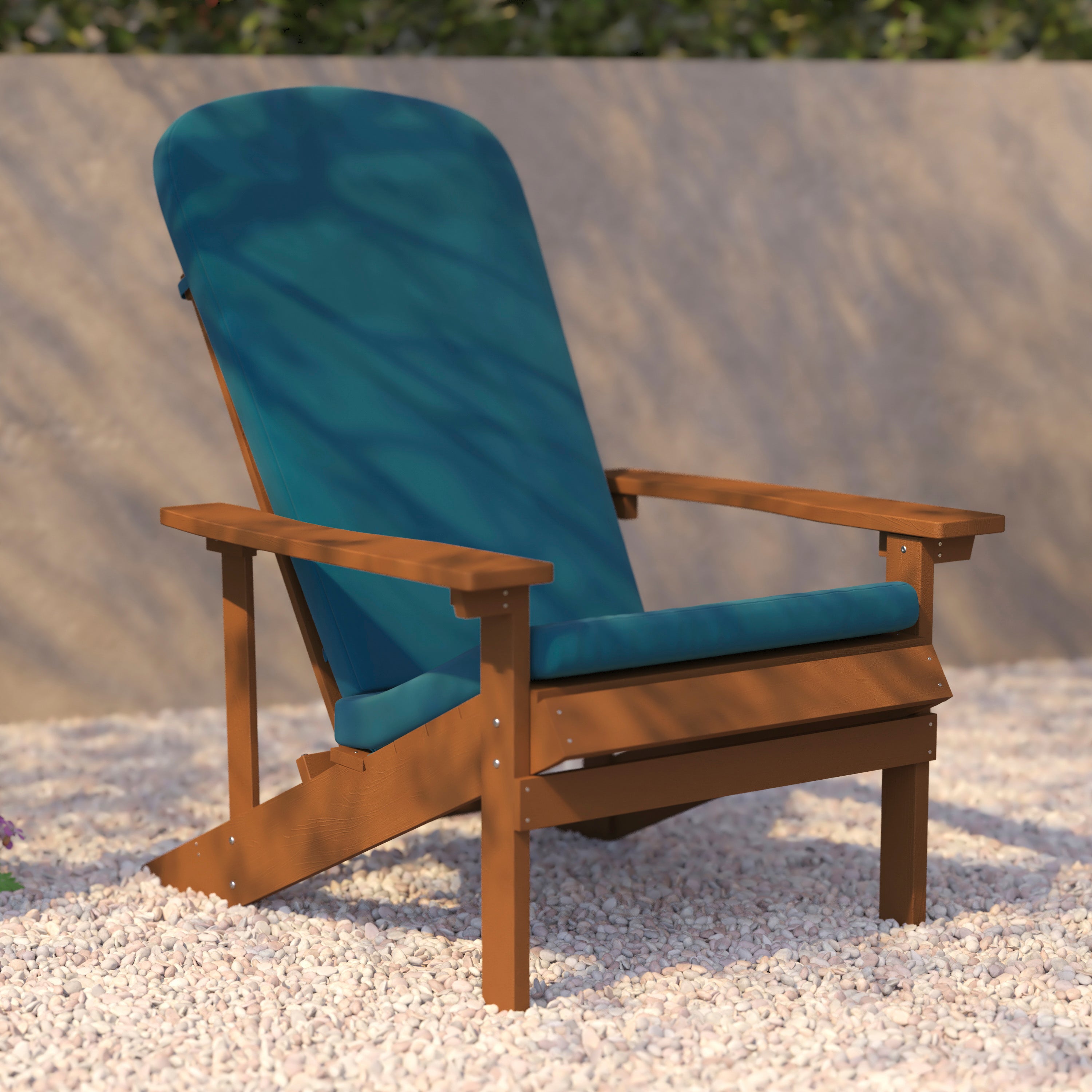 Charlestown Set of 2 All-Weather Poly Resin Wood Adirondack Chairs in Teak with Teal Cushions for Deck, Porch, and Patio
