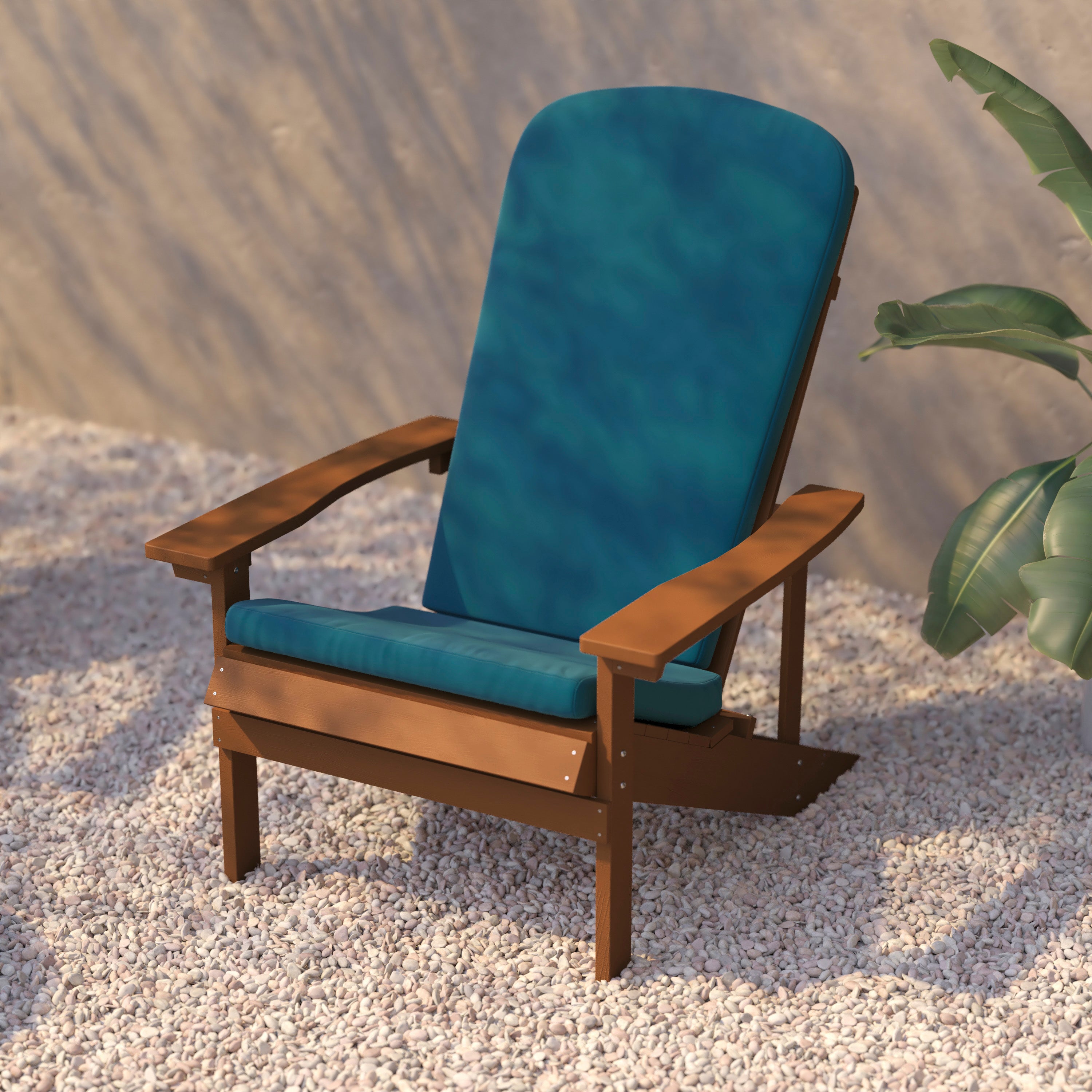 Charlestown Set of 2 All-Weather Poly Resin Wood Adirondack Chairs in Teak with Teal Cushions for Deck, Porch, and Patio