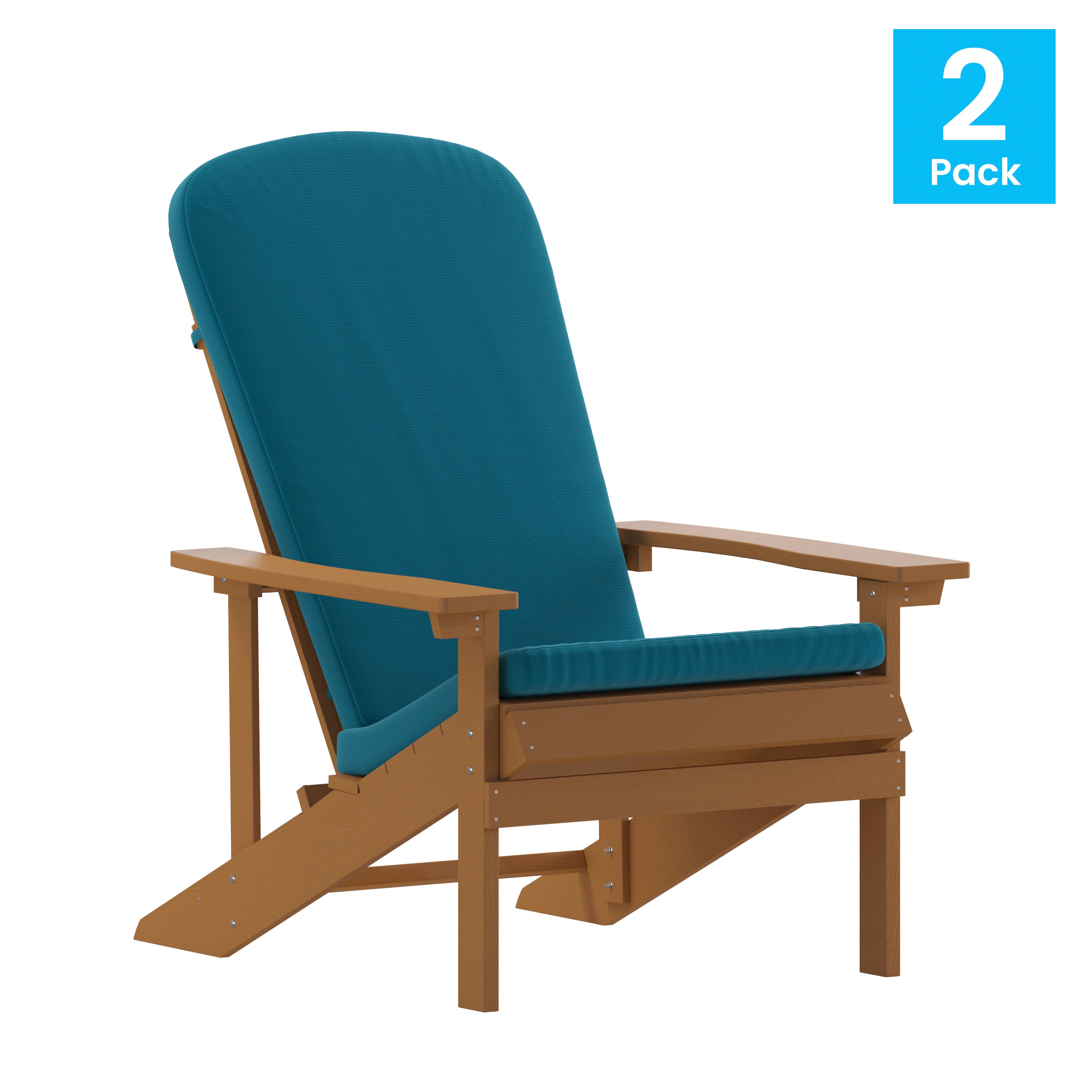 Charlestown Set of 2 All-Weather Poly Resin Wood Adirondack Chairs in Teak with Teal Cushions for Deck, Porch, and Patio