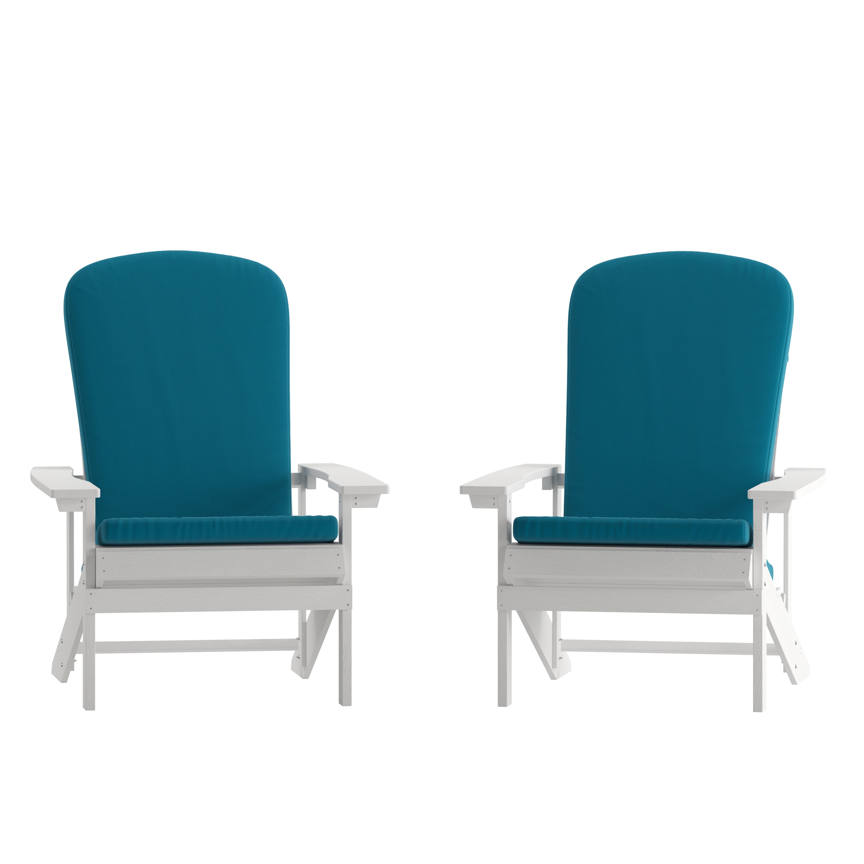 Charlestown Set of 2 All-Weather Poly Resin Wood Adirondack Chairs in White with Teal Cushions for Deck, Porch, and Patio
