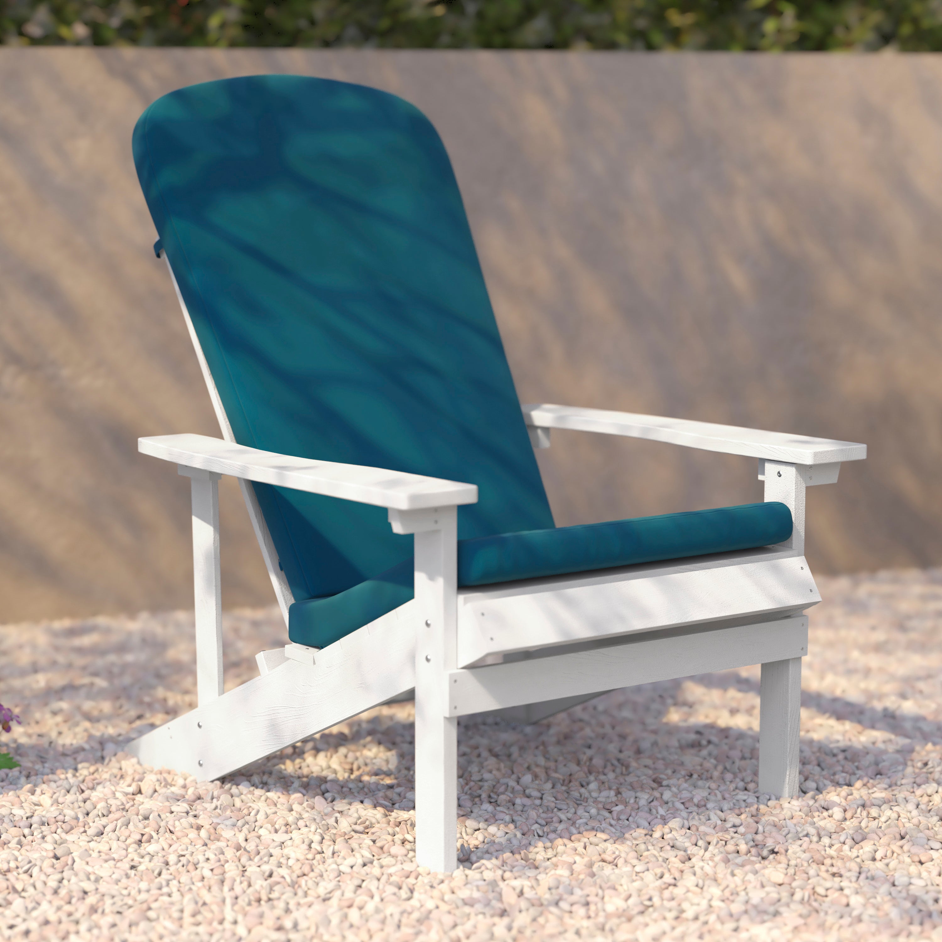 Charlestown Set of 2 All-Weather Poly Resin Wood Adirondack Chairs in White with Teal Cushions for Deck, Porch, and Patio