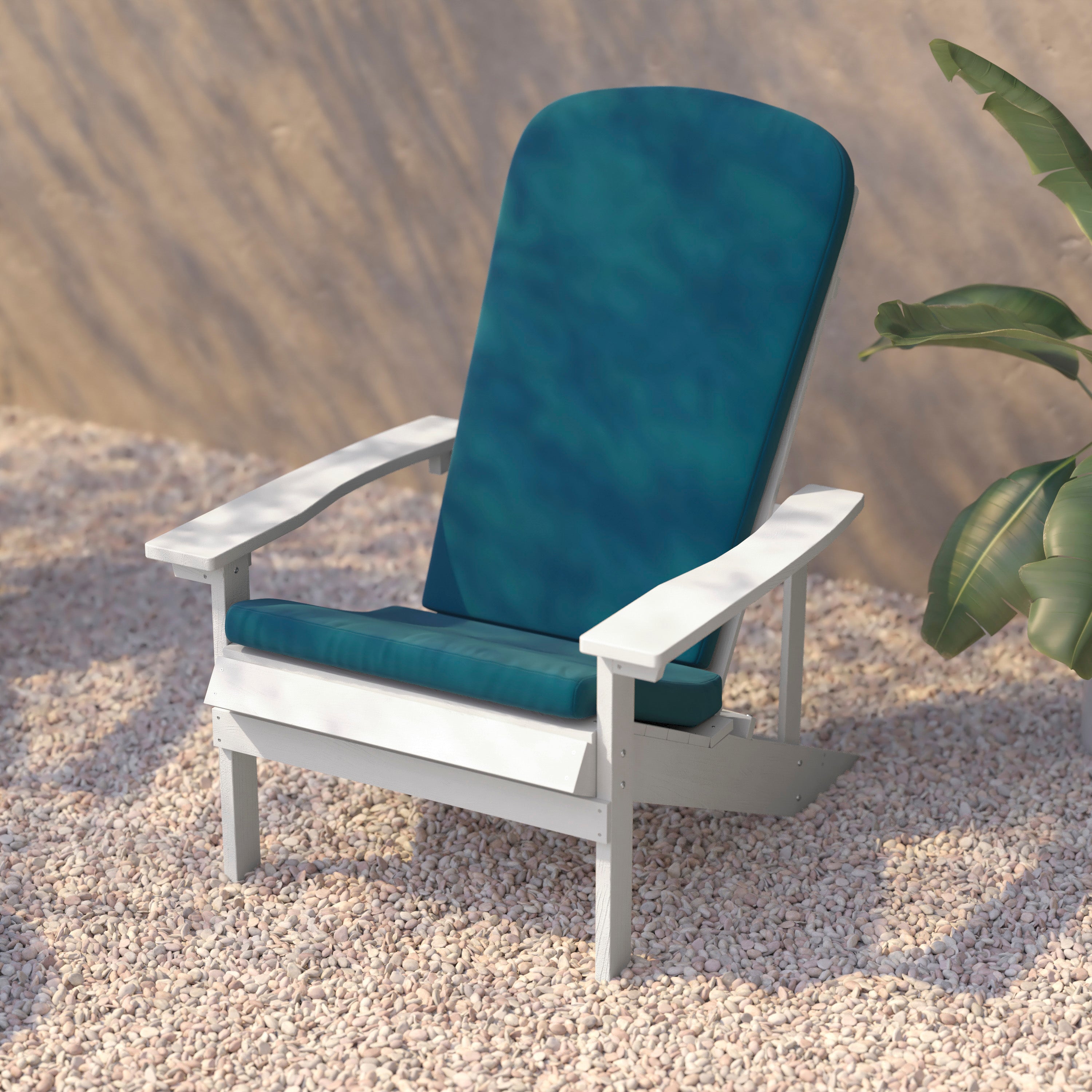 Charlestown Set of 2 All-Weather Poly Resin Wood Adirondack Chairs in White with Teal Cushions for Deck, Porch, and Patio
