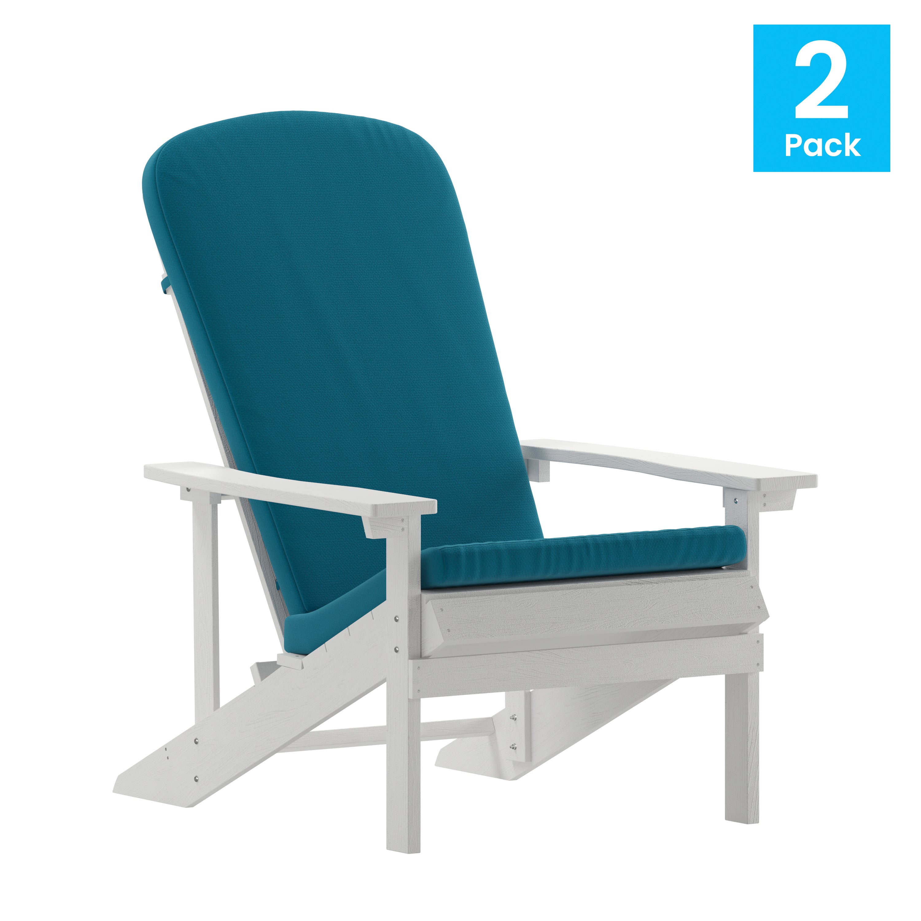 Charlestown Set of 2 All-Weather Poly Resin Wood Adirondack Chairs in White with Teal Cushions for Deck, Porch, and Patio