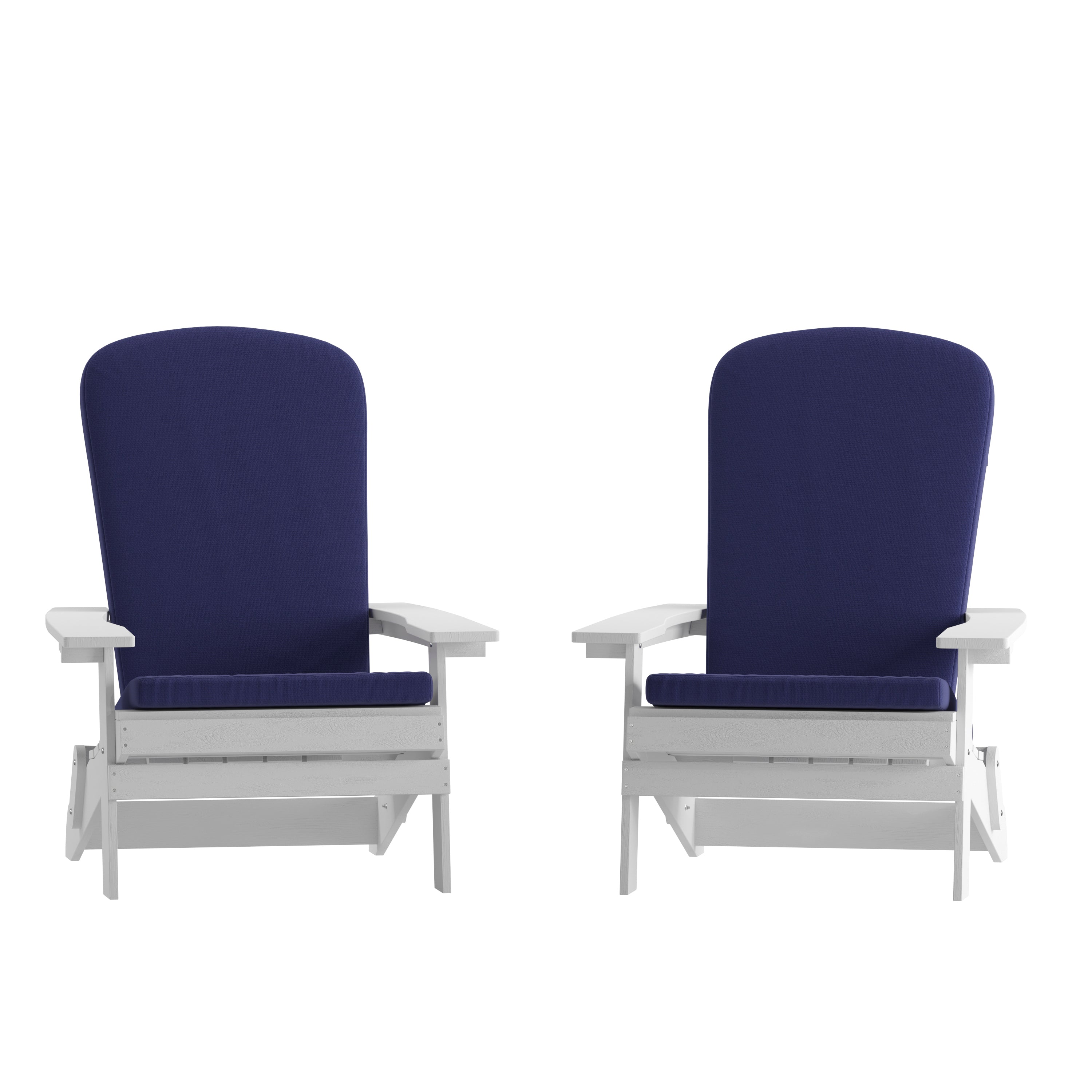 Charlestown Set of 2 All-Weather Poly Resin Indoor/Outdoor Folding Adirondack Chairs in White with Blue Cushions for Deck, Porch, and Patio