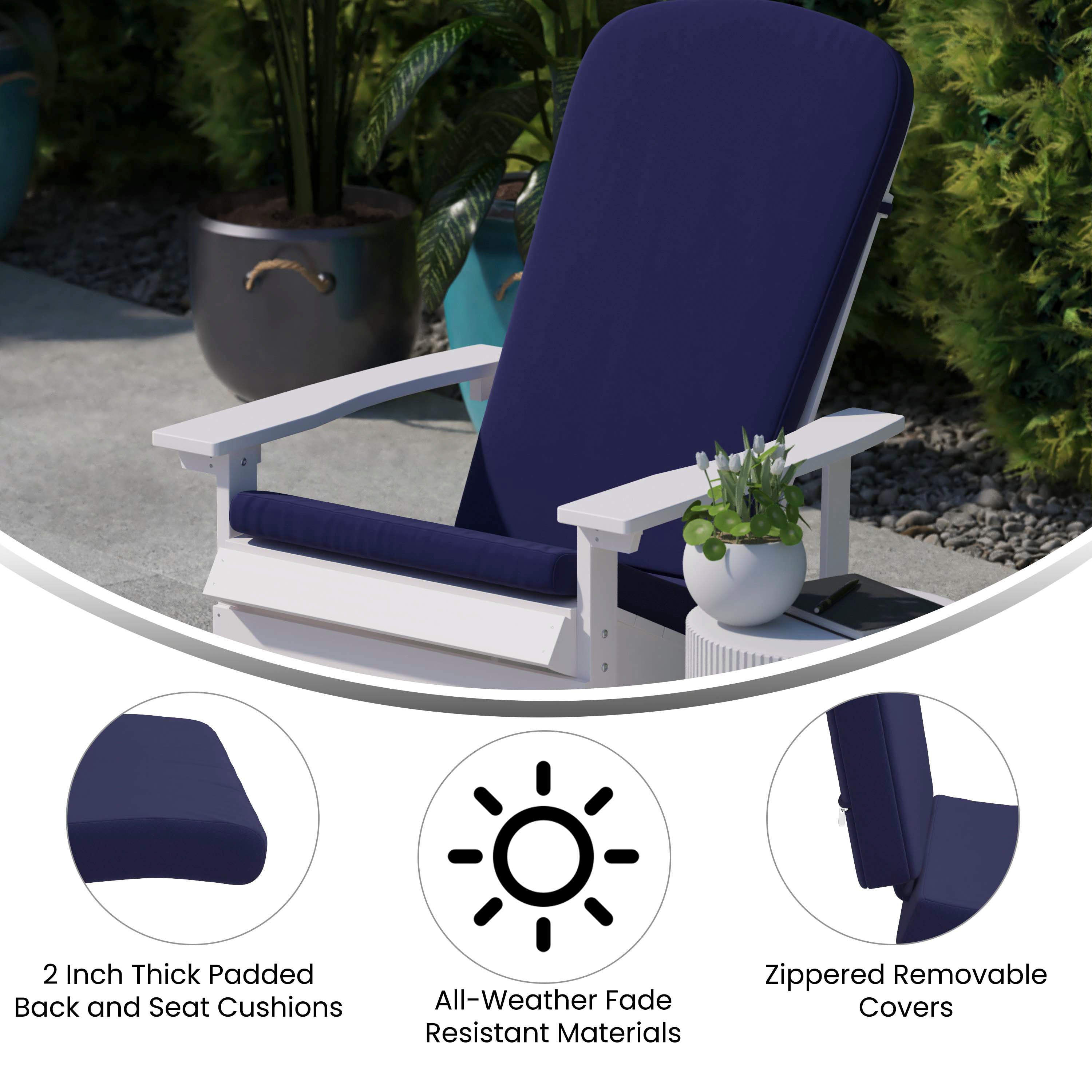 Charlestown Set of 2 All-Weather Poly Resin Indoor/Outdoor Folding Adirondack Chairs in White with Blue Cushions for Deck, Porch, and Patio