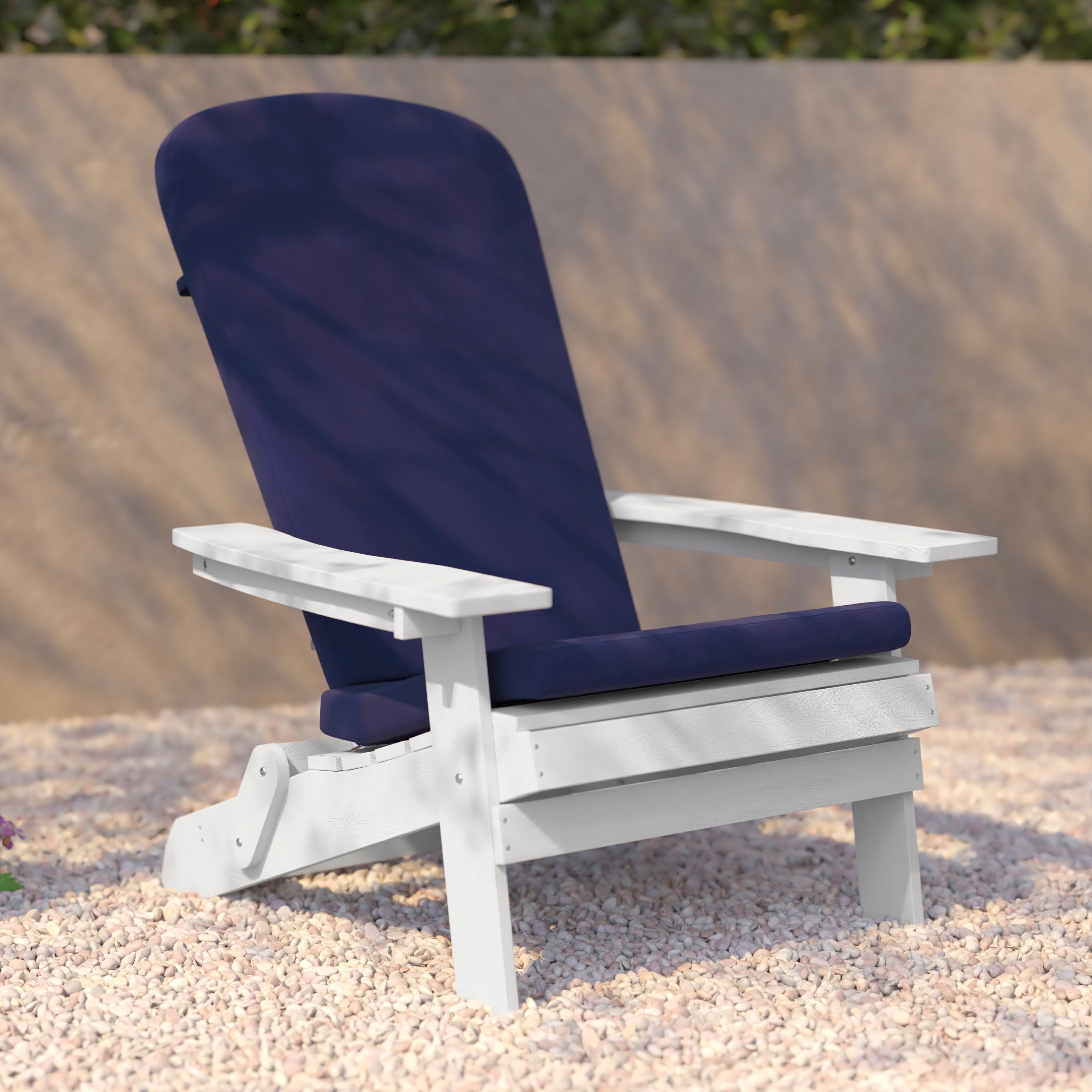 Charlestown Set of 2 All-Weather Poly Resin Indoor/Outdoor Folding Adirondack Chairs in White with Blue Cushions for Deck, Porch, and Patio