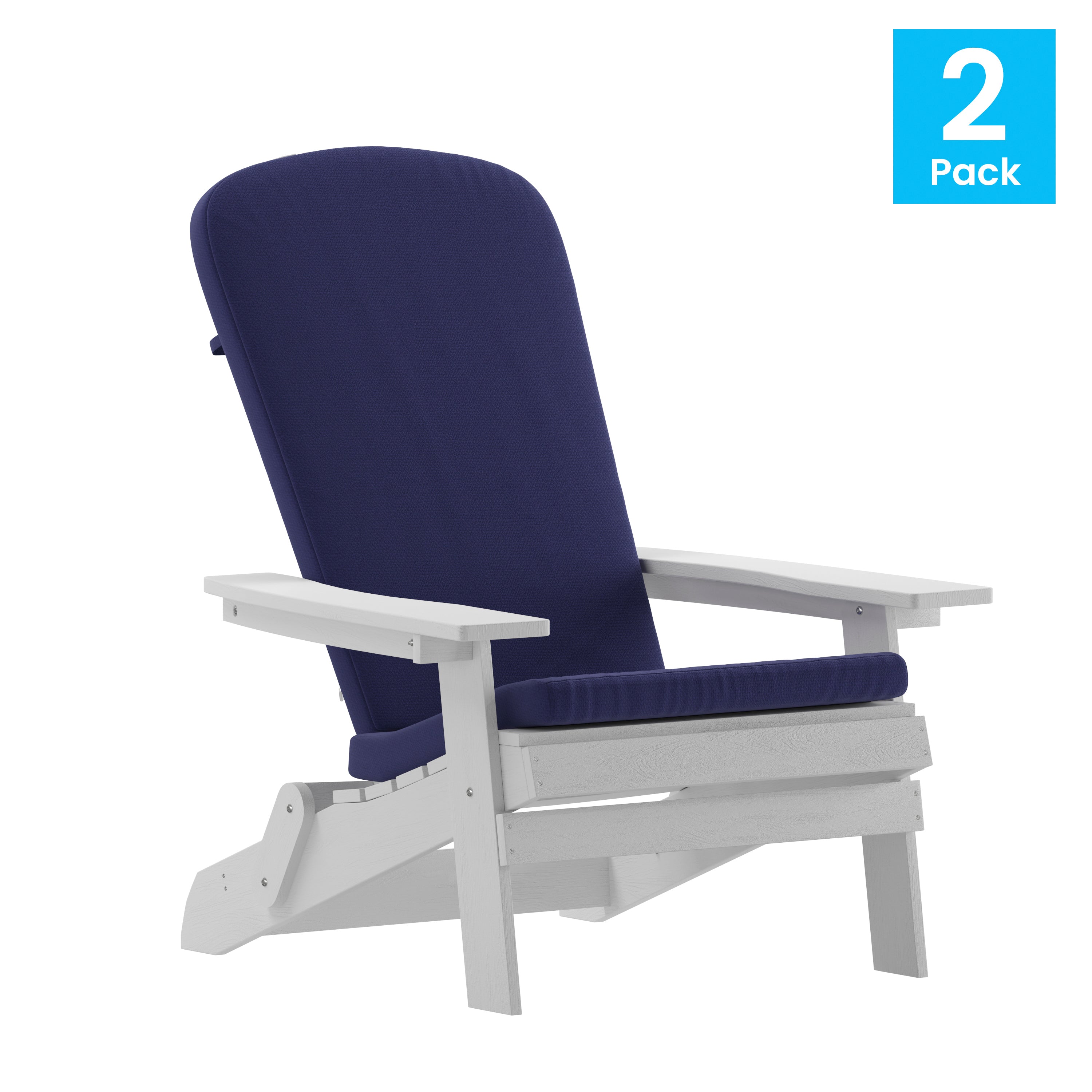 Charlestown Set of 2 All-Weather Poly Resin Indoor/Outdoor Folding Adirondack Chairs in White with Blue Cushions for Deck, Porch, and Patio