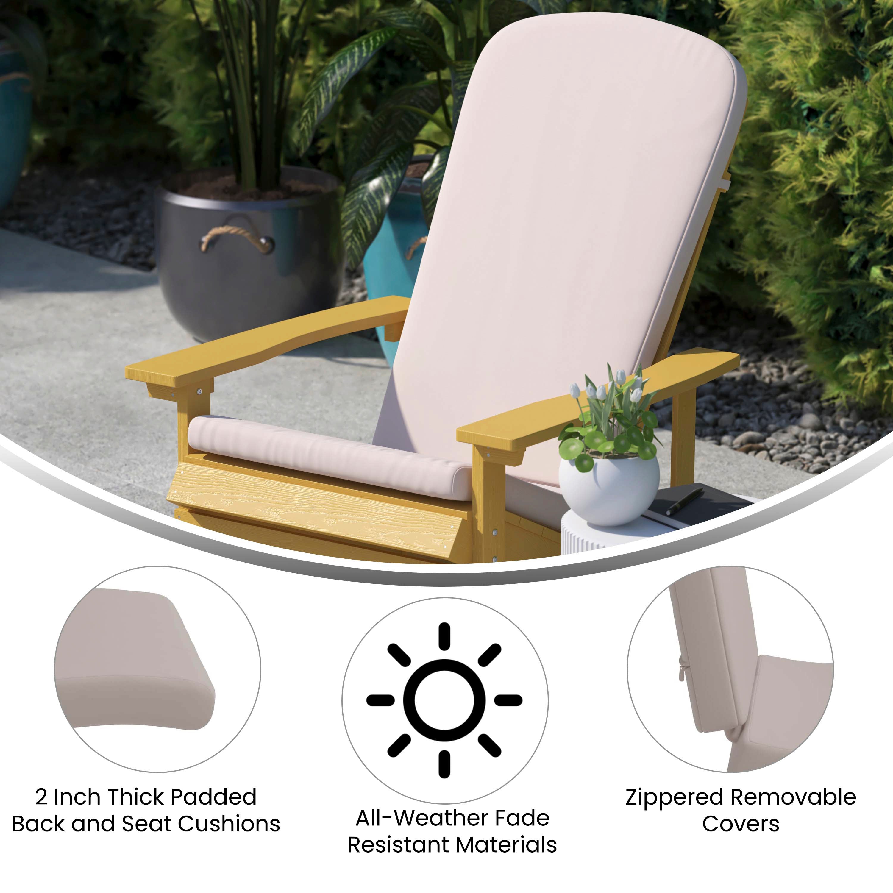 Charlestown Set of 2 All-Weather Poly Resin Indoor/Outdoor Folding Adirondack Chairs in Black with Cream Cushions for Deck, Porch, and Patio