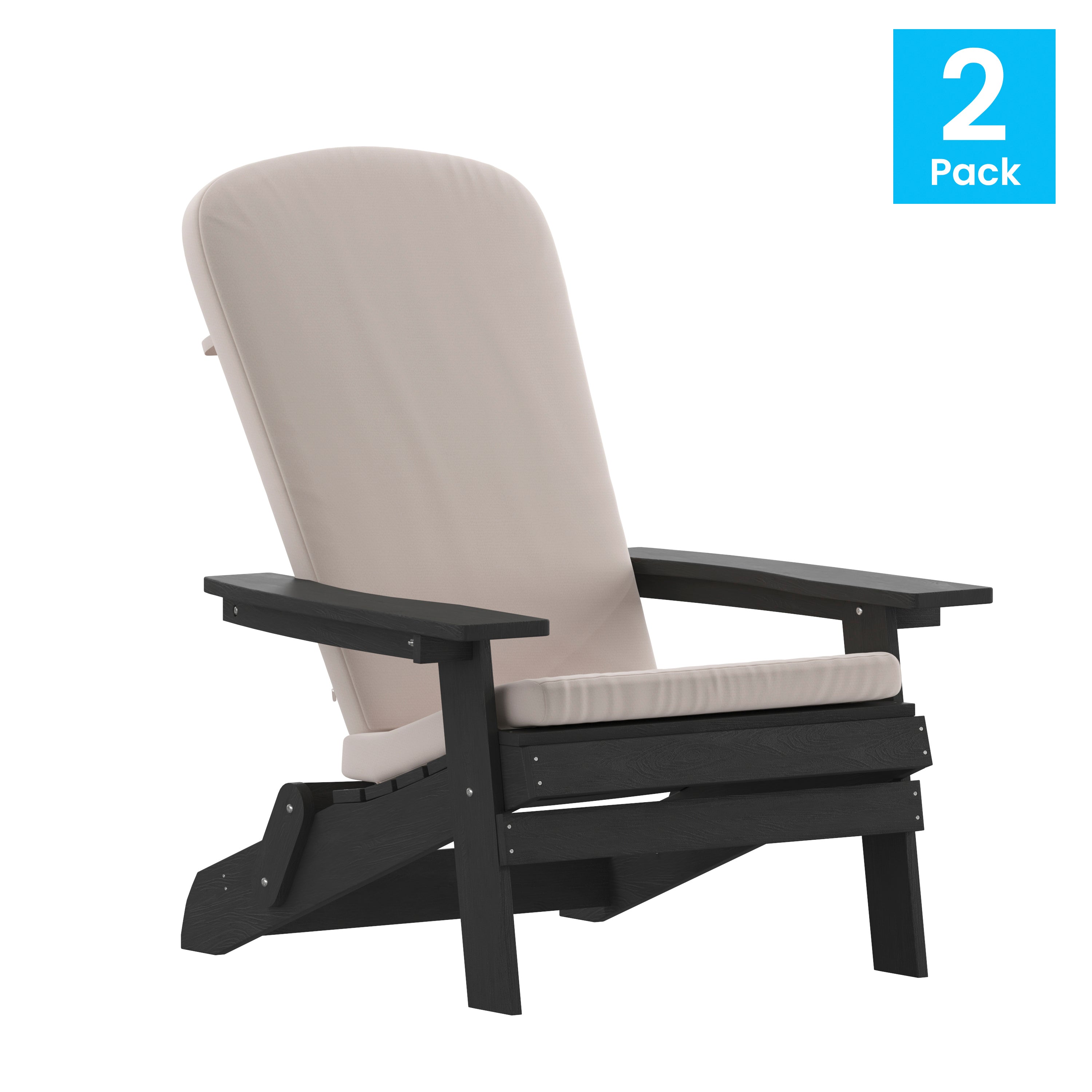 Charlestown Set of 2 All-Weather Poly Resin Indoor/Outdoor Folding Adirondack Chairs in Black with Cream Cushions for Deck, Porch, and Patio