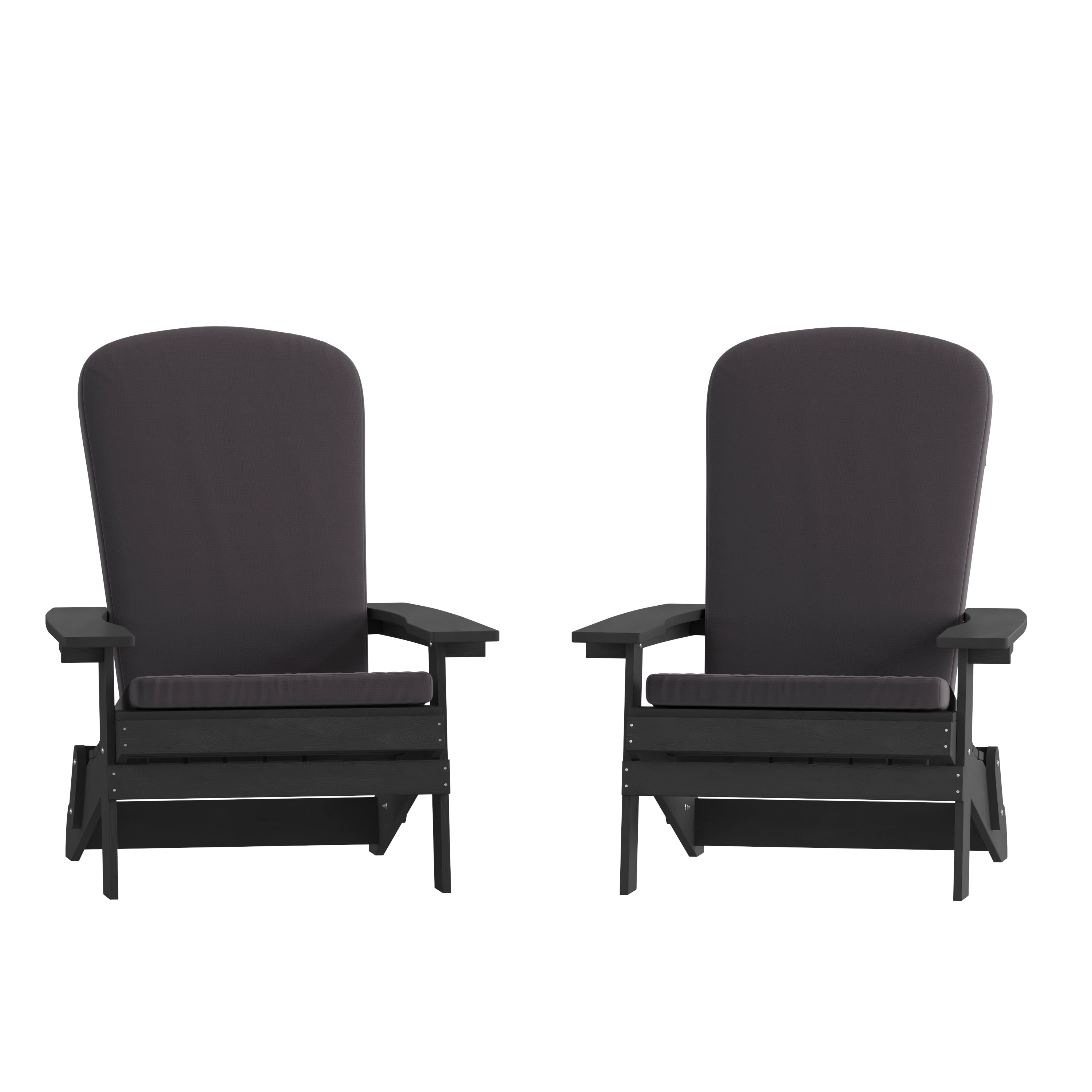 Charlestown Set of 2 All-Weather Poly Resin Indoor/Outdoor Folding Adirondack Chairs in Black with Gray Cushions for Deck, Porch, and Patio