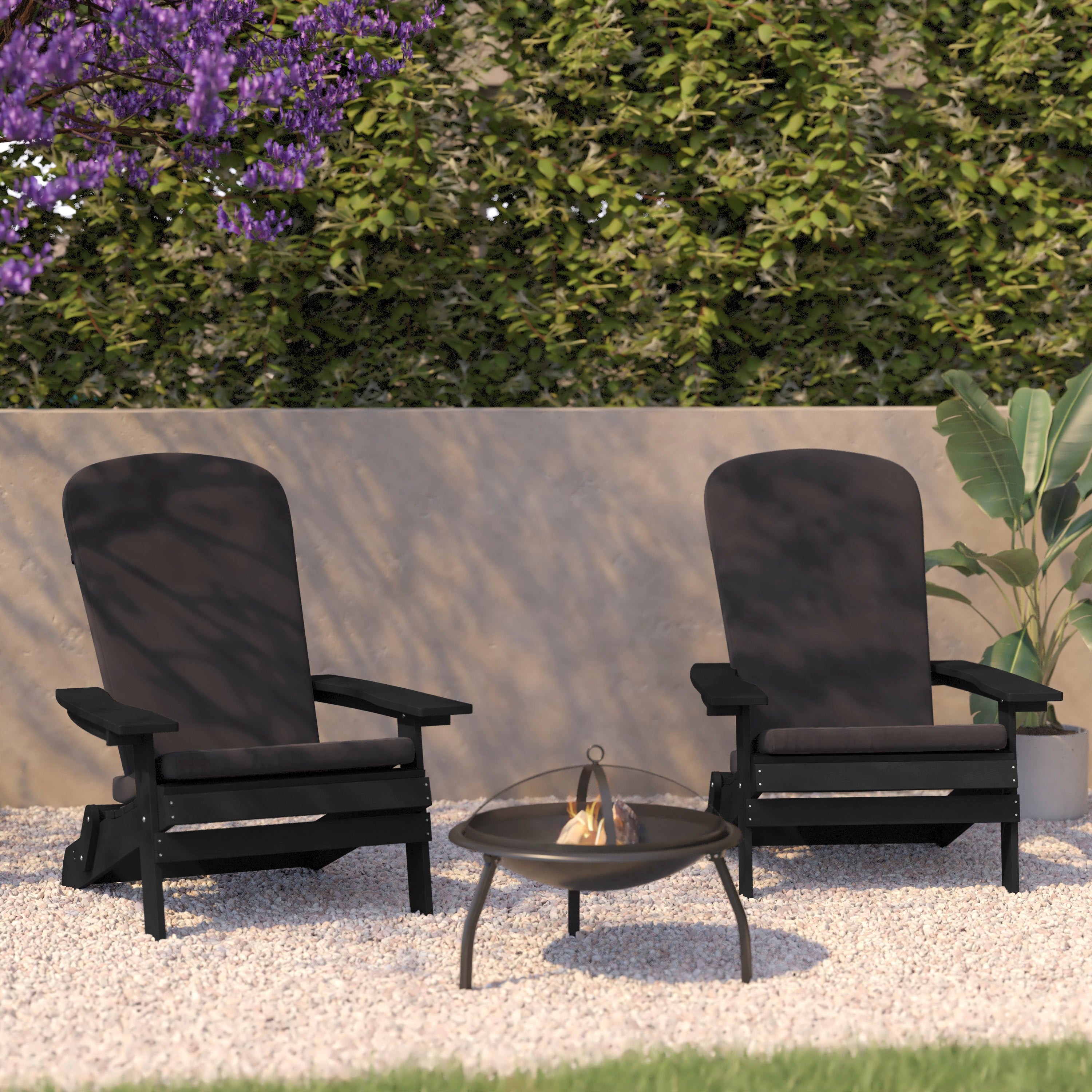 Charlestown Set of 2 All-Weather Poly Resin Indoor/Outdoor Folding Adirondack Chairs in Black with Gray Cushions for Deck, Porch, and Patio
