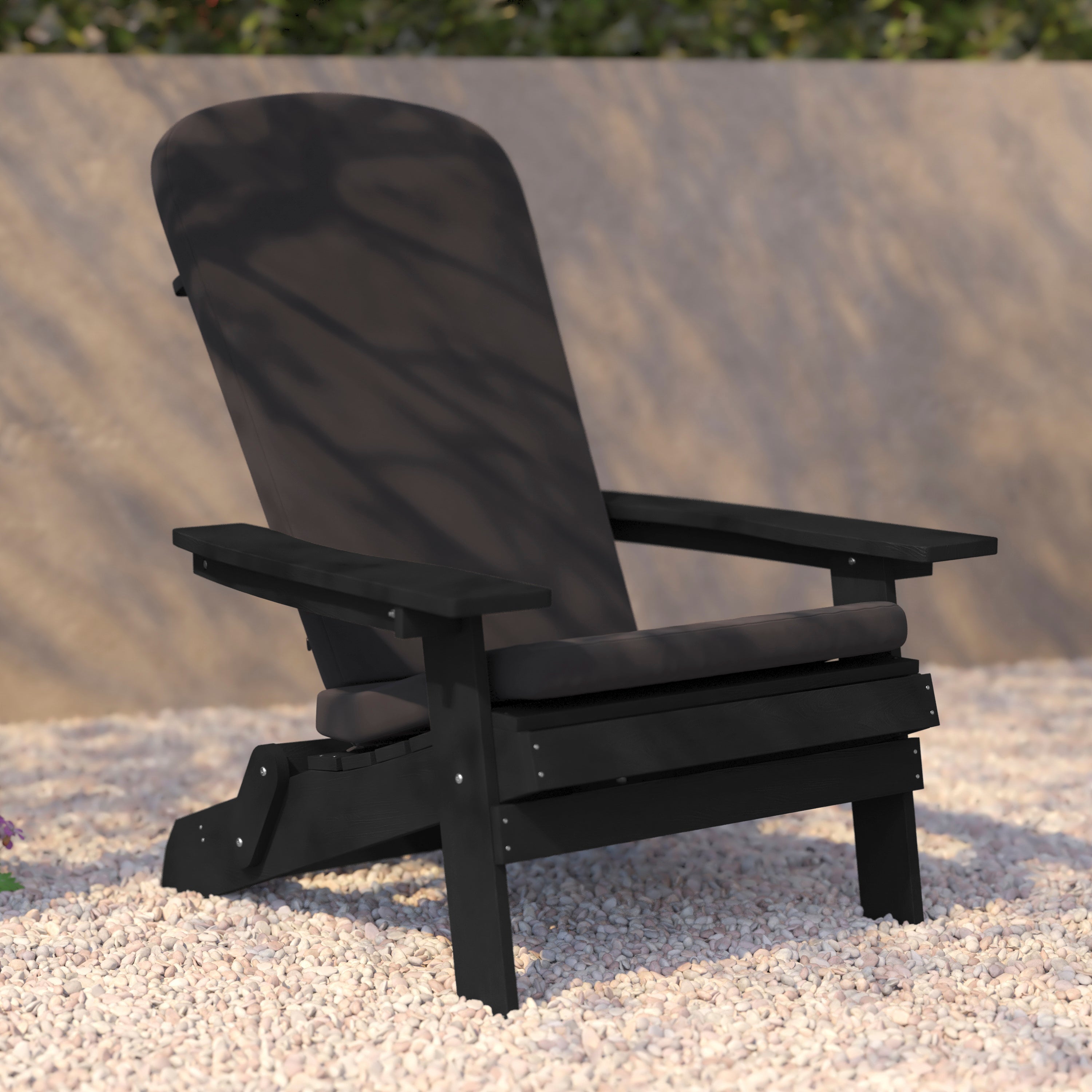 Charlestown Set of 2 All-Weather Poly Resin Indoor/Outdoor Folding Adirondack Chairs in Black with Gray Cushions for Deck, Porch, and Patio