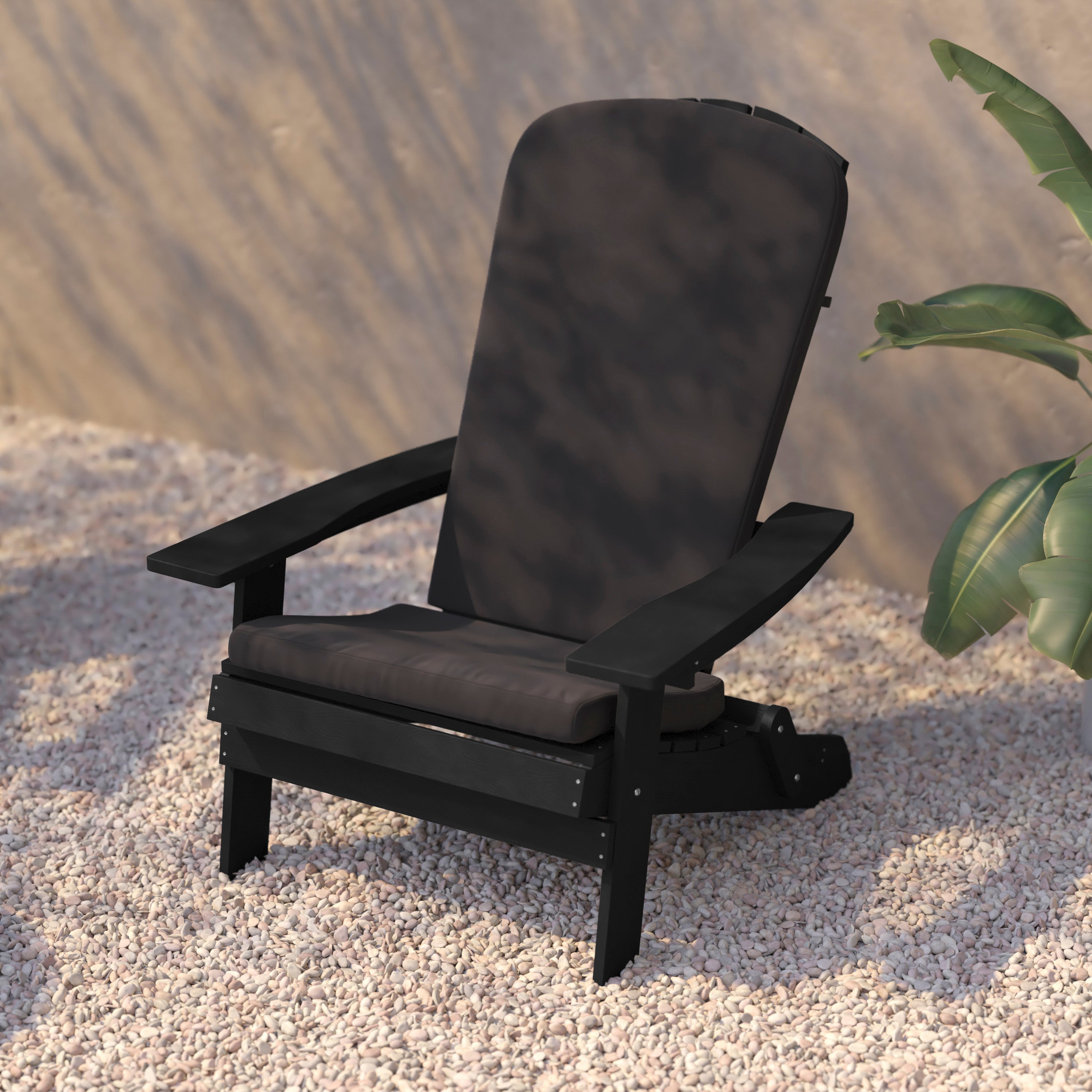 Charlestown Set of 2 All-Weather Poly Resin Indoor/Outdoor Folding Adirondack Chairs in Black with Gray Cushions for Deck, Porch, and Patio