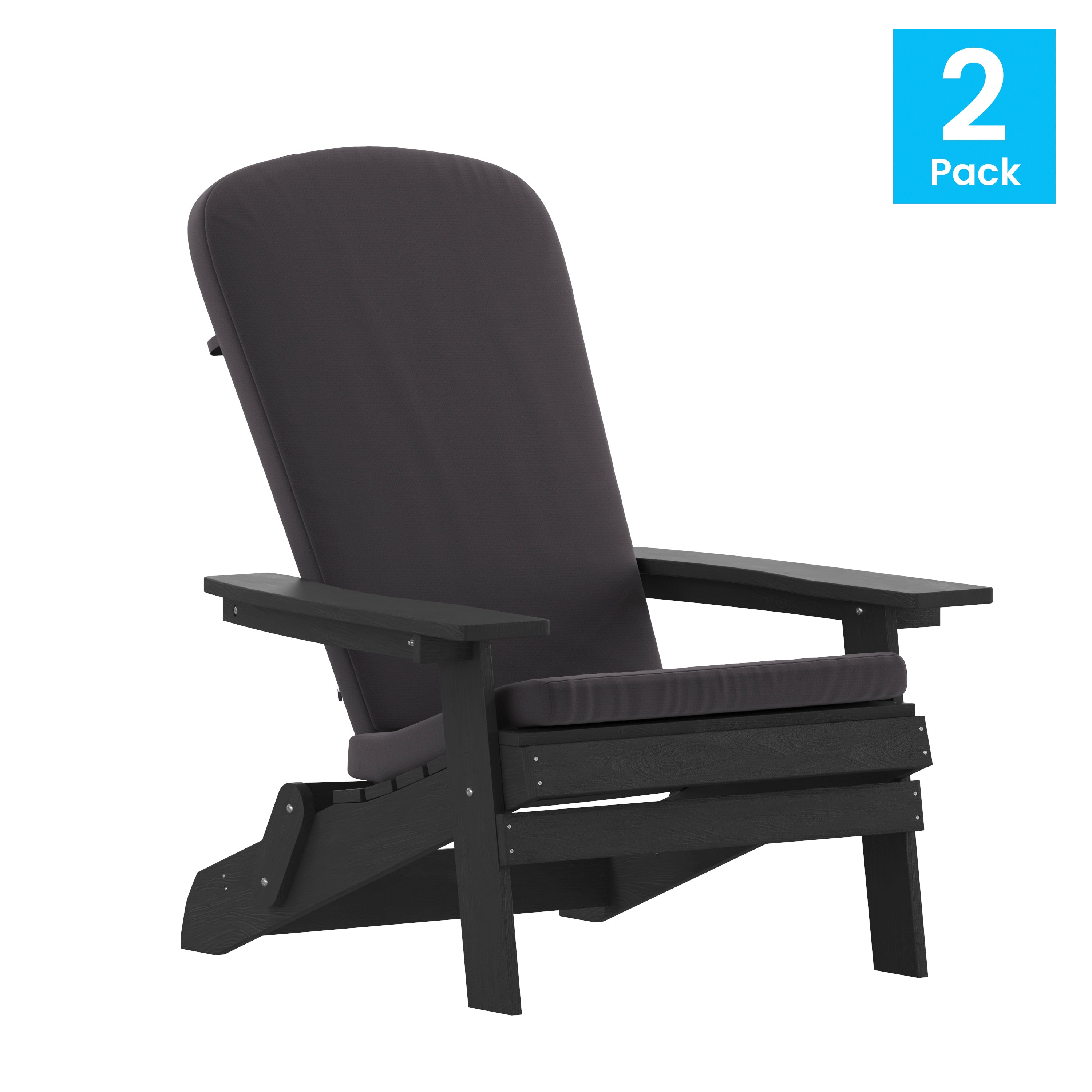 Charlestown Set of 2 All-Weather Poly Resin Indoor/Outdoor Folding Adirondack Chairs in Black with Gray Cushions for Deck, Porch, and Patio