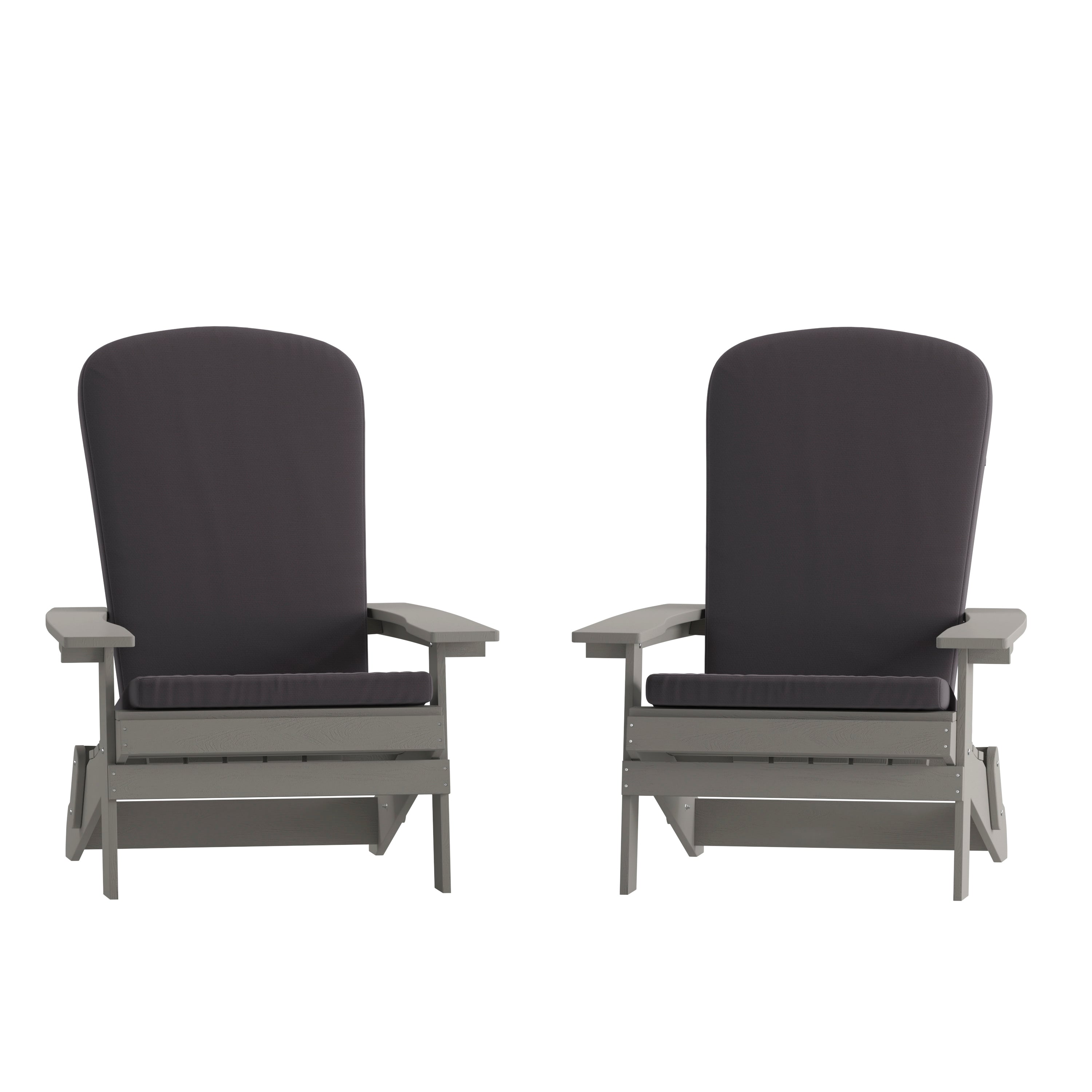 Charlestown Set of 2 All-Weather Poly Resin Indoor/Outdoor Folding Adirondack Chairs in Gray with Gray Cushions for Deck, Porch, and Patio
