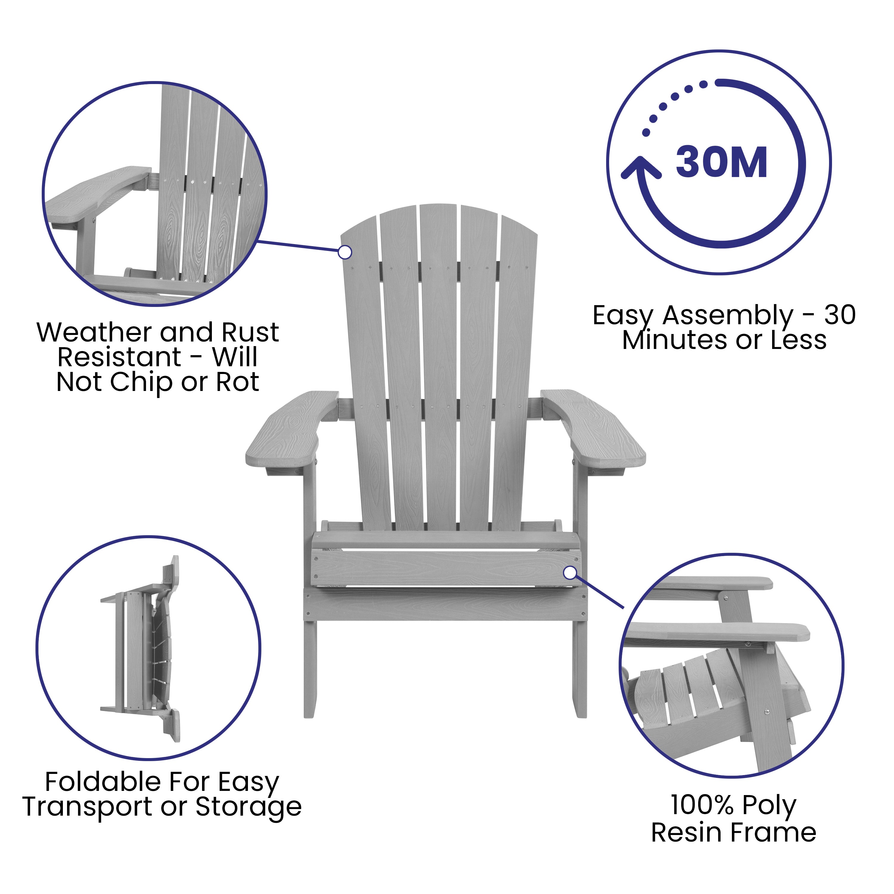 Charlestown Set of 2 All-Weather Poly Resin Indoor/Outdoor Folding Adirondack Chairs in Gray with Gray Cushions for Deck, Porch, and Patio