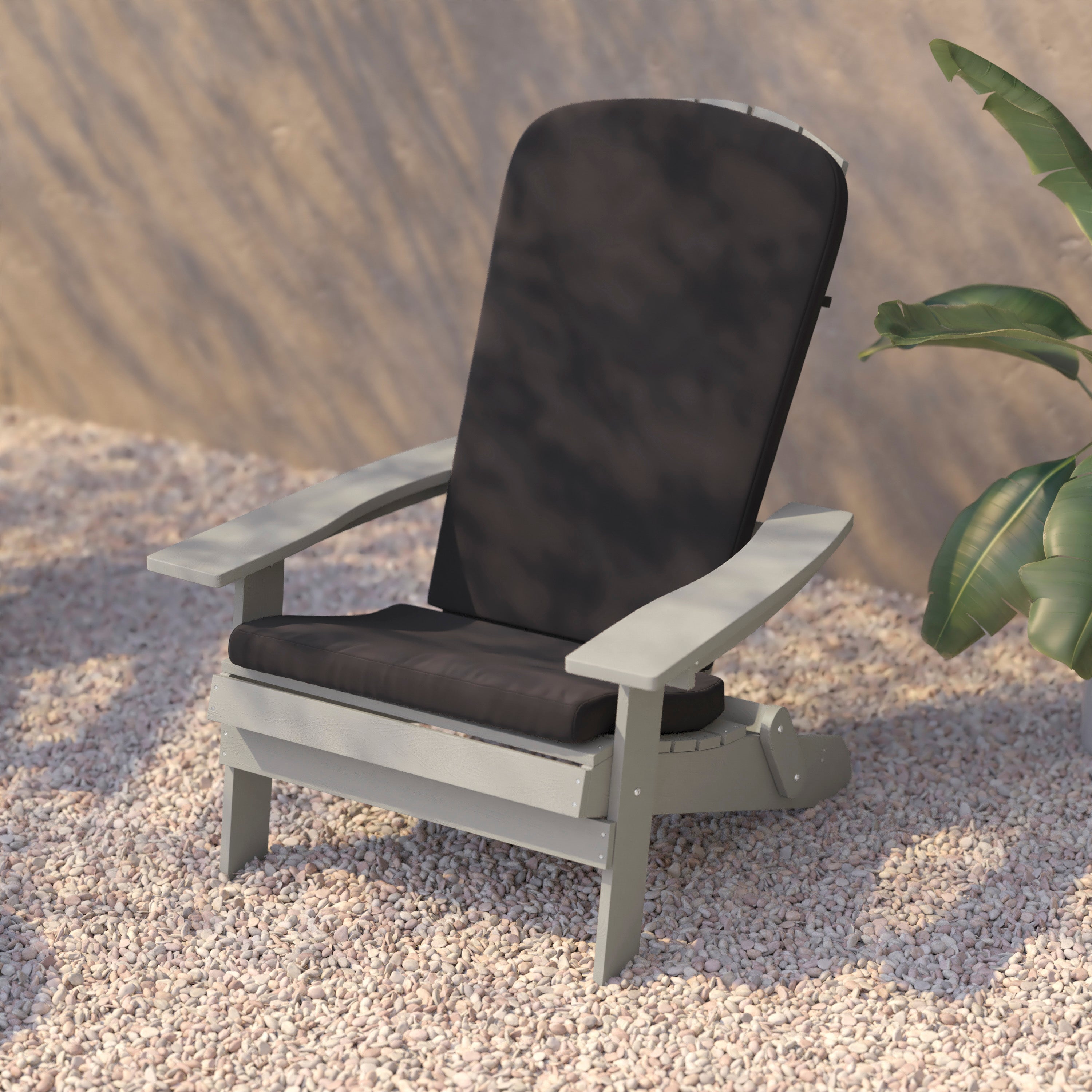 Charlestown Set of 2 All-Weather Poly Resin Indoor/Outdoor Folding Adirondack Chairs in Gray with Gray Cushions for Deck, Porch, and Patio