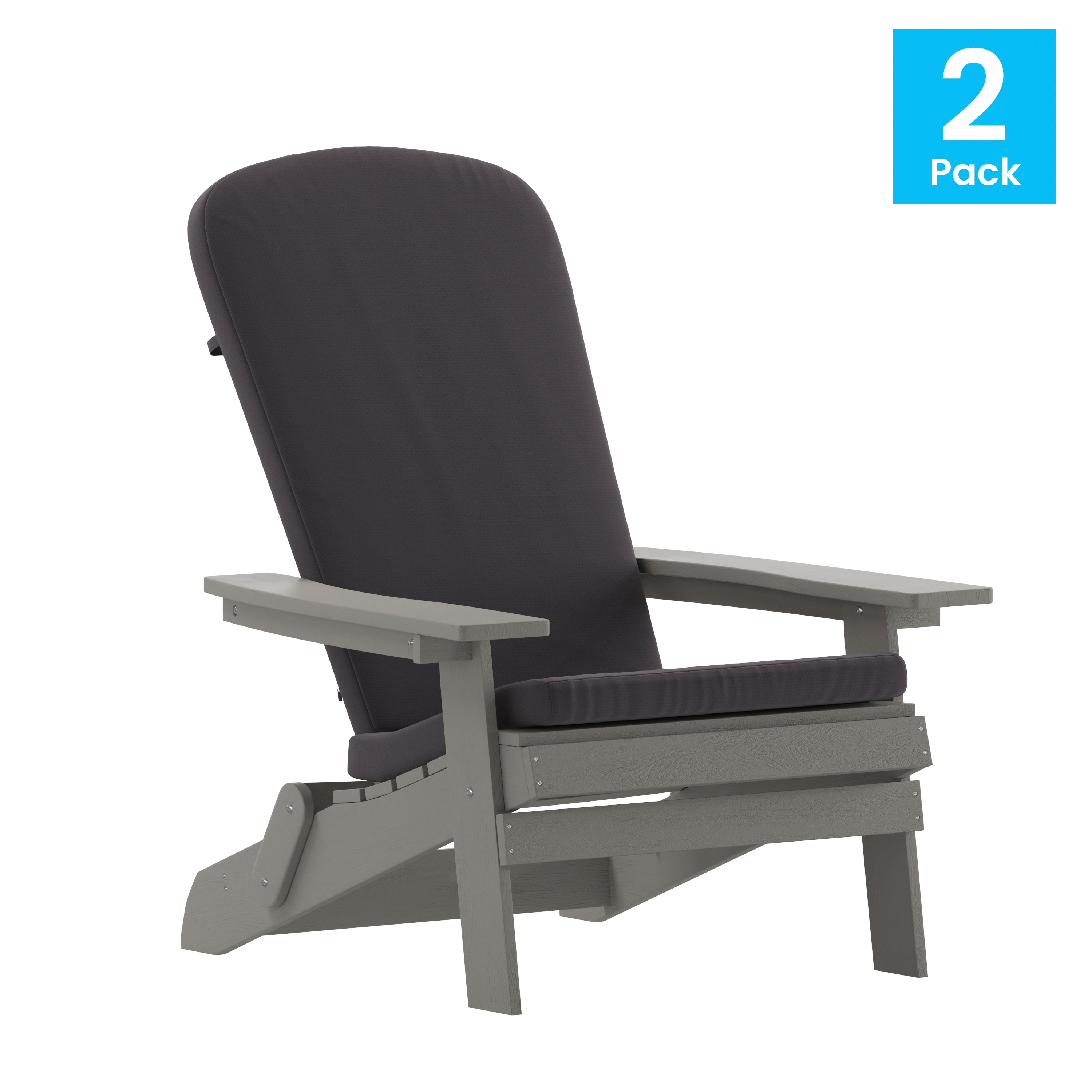 Charlestown Set of 2 All-Weather Poly Resin Indoor/Outdoor Folding Adirondack Chairs in Gray with Gray Cushions for Deck, Porch, and Patio