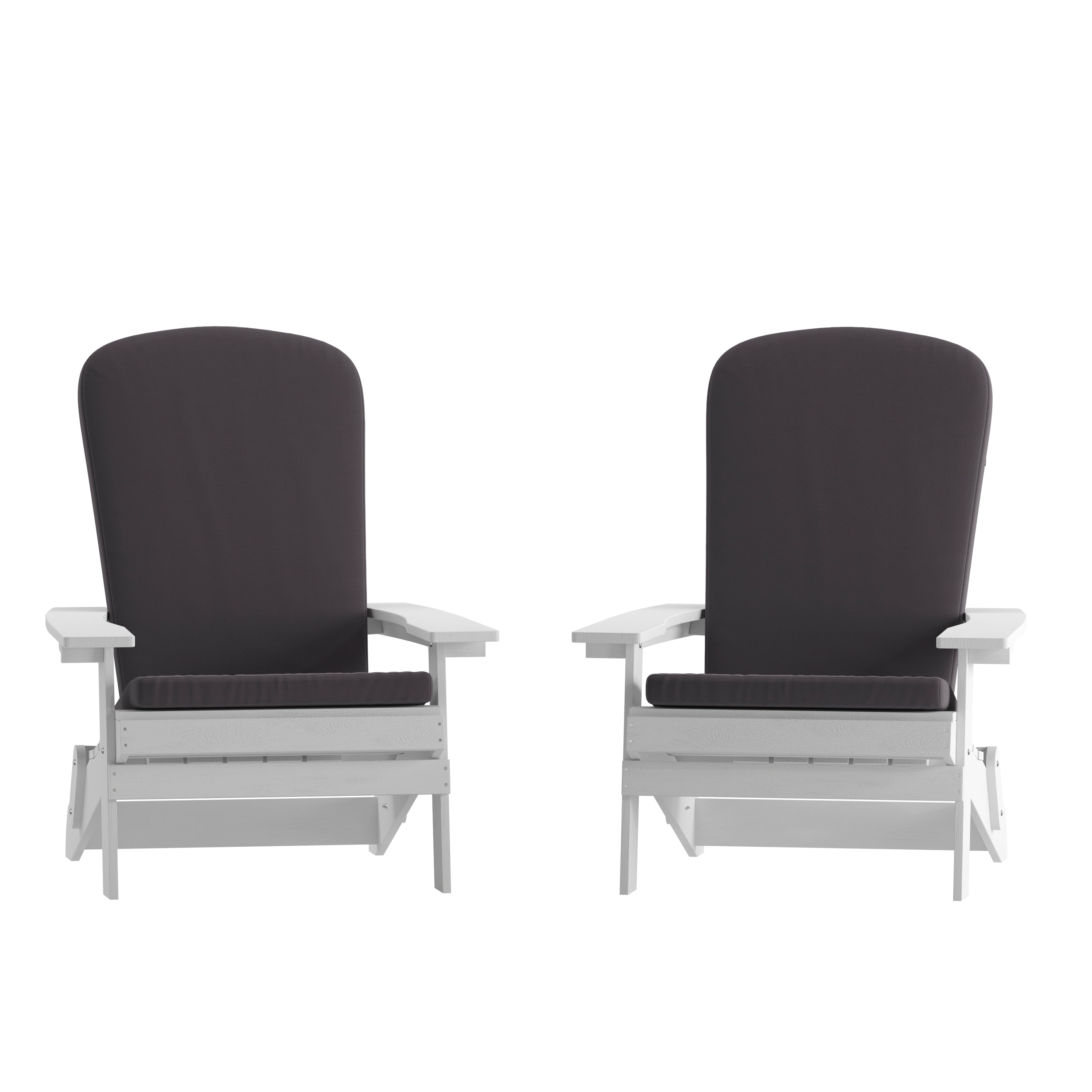 Charlestown Set of 2 All-Weather Poly Resin Indoor/Outdoor Folding Adirondack Chairs in White with Gray Cushions for Deck, Porch, and Patio