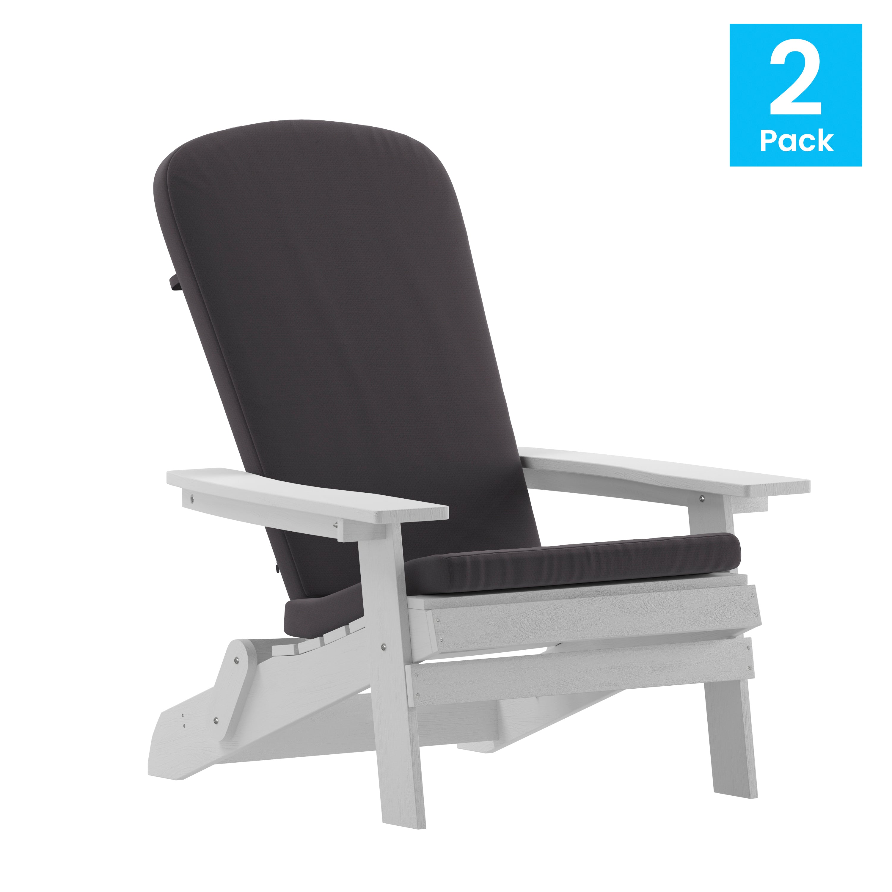 Charlestown Set of 2 All-Weather Poly Resin Indoor/Outdoor Folding Adirondack Chairs in White with Gray Cushions for Deck, Porch, and Patio