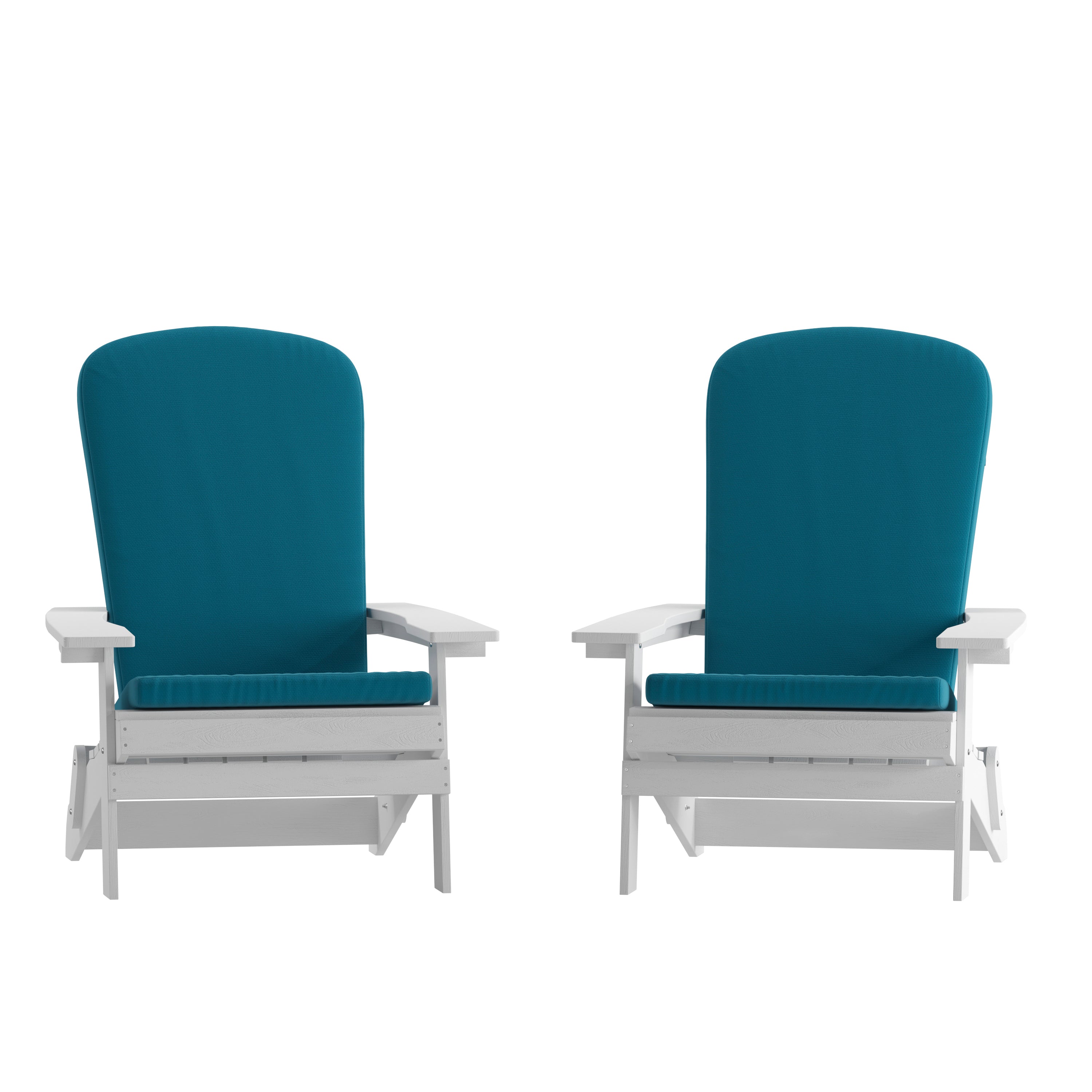 Charlestown Set of 2 All-Weather Poly Resin Indoor/Outdoor Folding Adirondack Chairs in White with Teal Cushions for Deck, Porch, and Patio