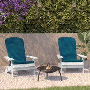 Charlestown Set of 2 All-Weather Poly Resin Indoor/Outdoor Folding Adirondack Chairs in White with Teal Cushions for Deck, Porch, and Patio