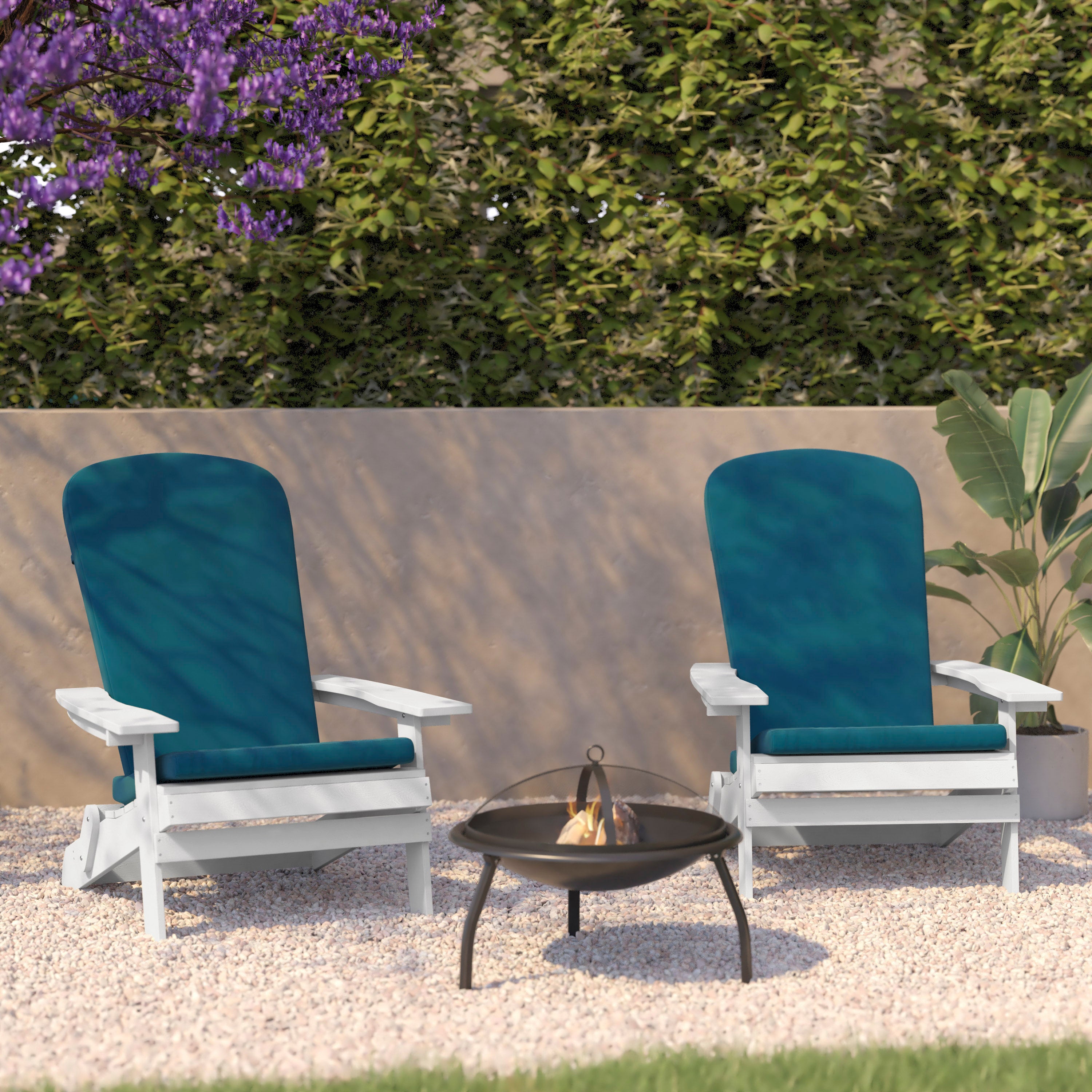 Charlestown Set of 2 All-Weather Poly Resin Indoor/Outdoor Folding Adirondack Chairs in White with Teal Cushions for Deck, Porch, and Patio