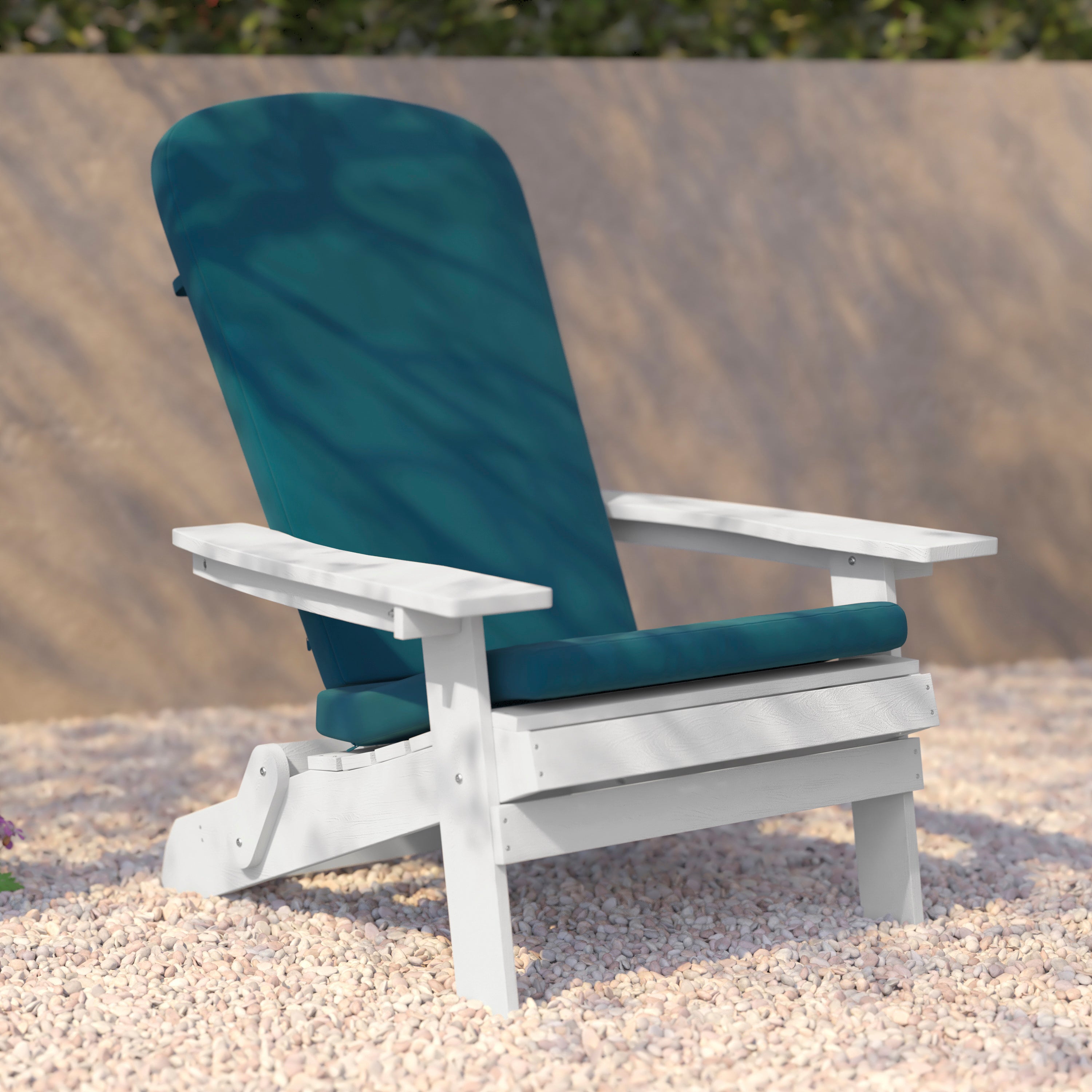 Charlestown Set of 2 All-Weather Poly Resin Indoor/Outdoor Folding Adirondack Chairs in White with Teal Cushions for Deck, Porch, and Patio