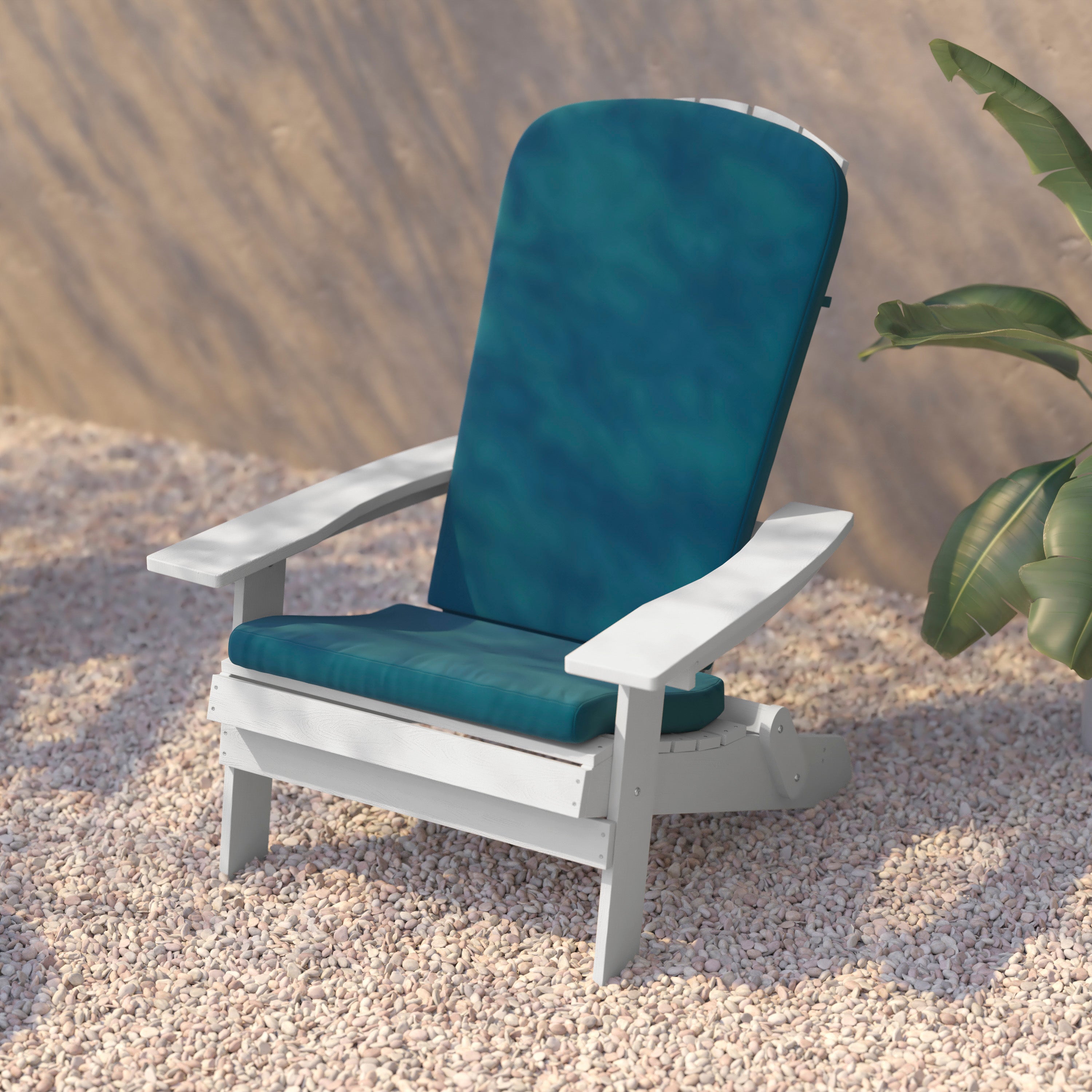 Charlestown Set of 2 All-Weather Poly Resin Indoor/Outdoor Folding Adirondack Chairs in White with Teal Cushions for Deck, Porch, and Patio