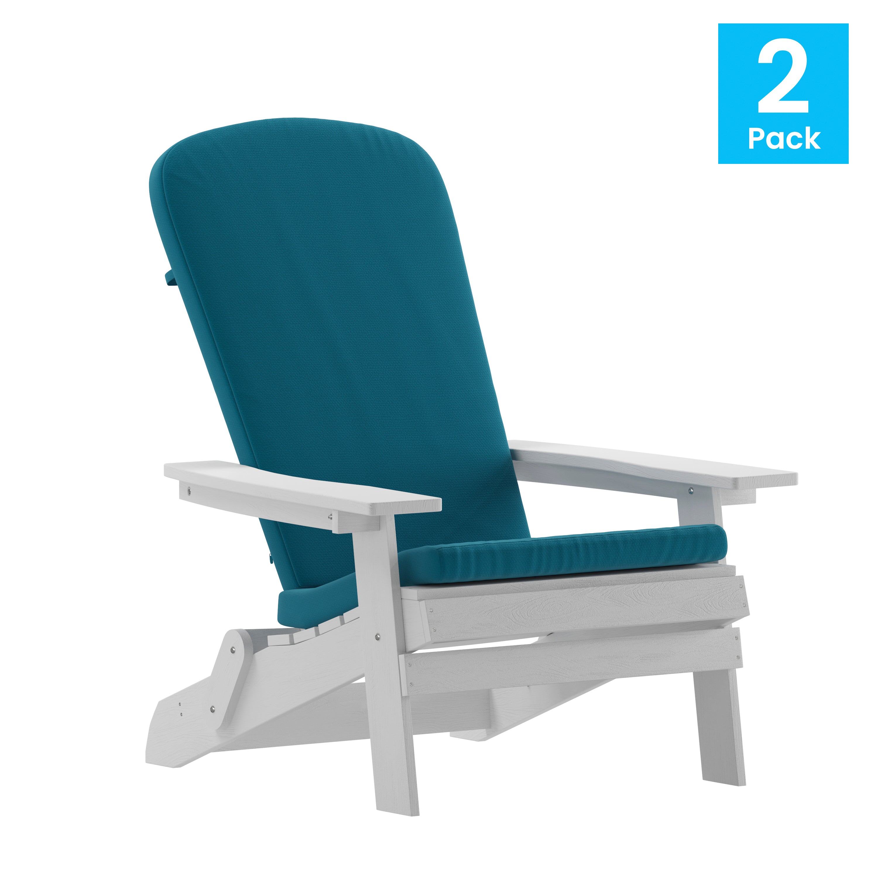 Charlestown Set of 2 All-Weather Poly Resin Indoor/Outdoor Folding Adirondack Chairs in White with Teal Cushions for Deck, Porch, and Patio