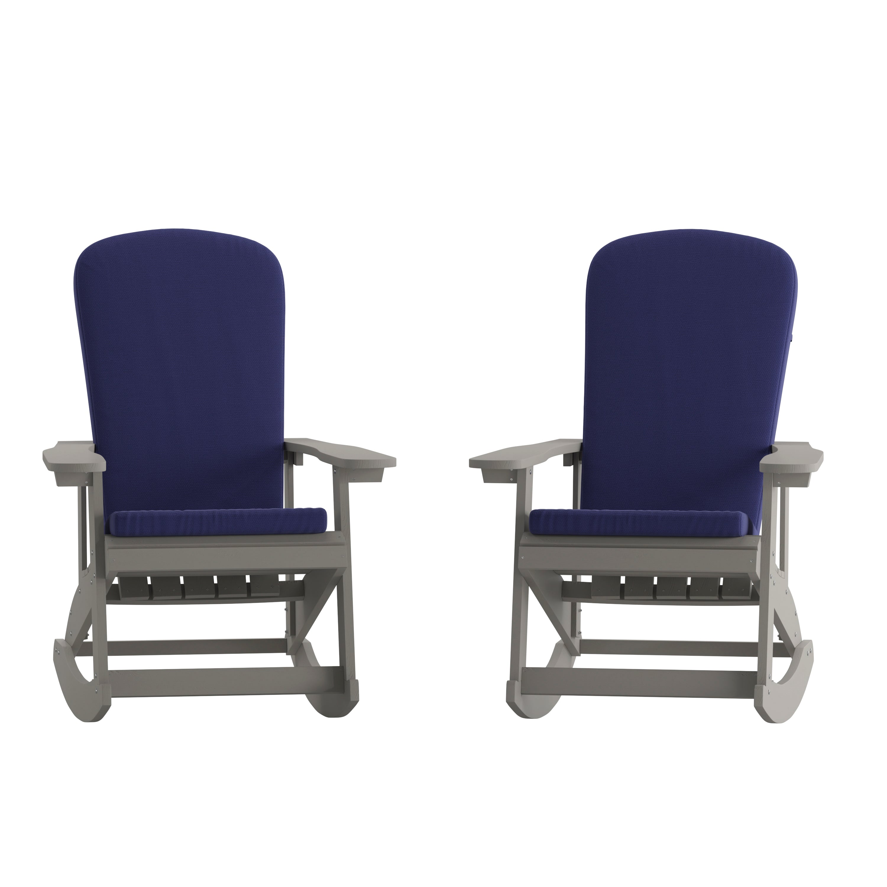 Savannah Set of 2 All-Weather Poly Resin Wood Adirondack Rocking Chairs in Gray with Blue Cushions for Deck, Porch, and Patio