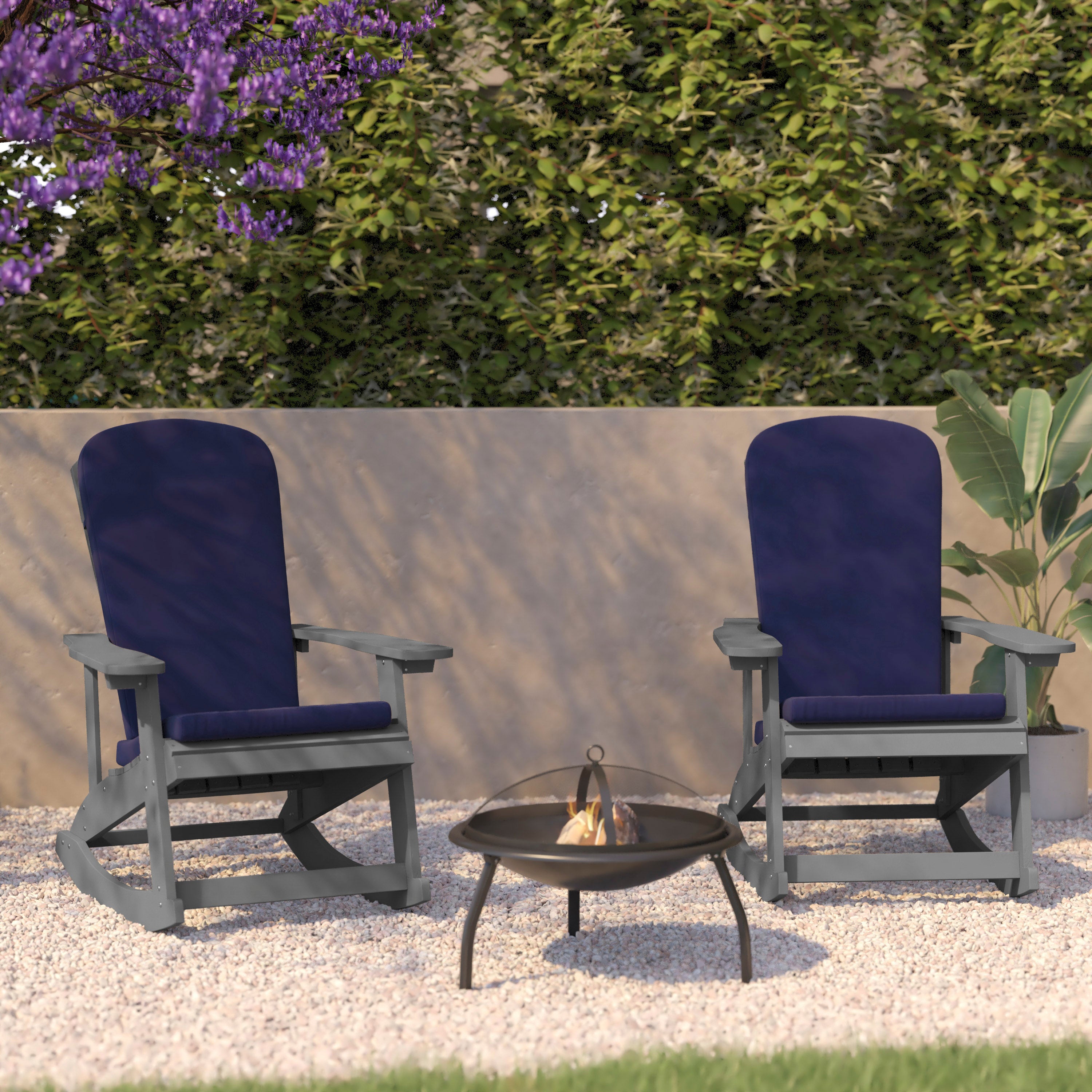 Savannah Set of 2 All-Weather Poly Resin Wood Adirondack Rocking Chairs in Gray with Blue Cushions for Deck, Porch, and Patio