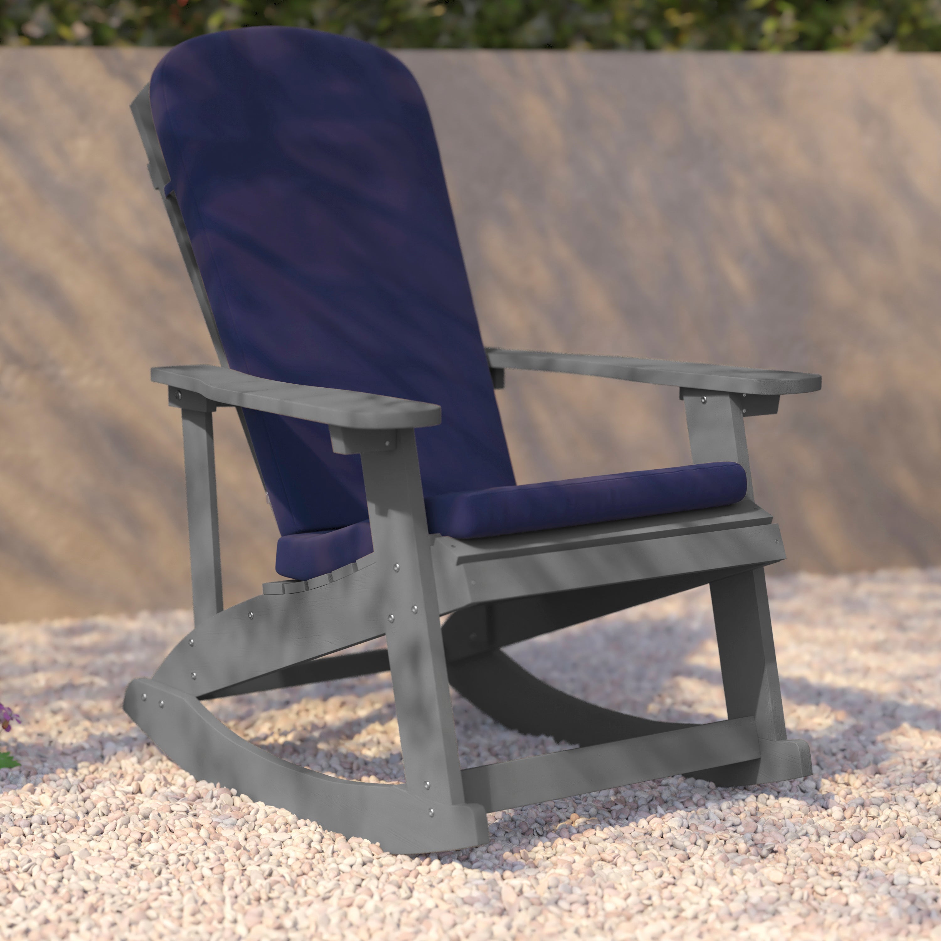Savannah Set of 2 All-Weather Poly Resin Wood Adirondack Rocking Chairs in Gray with Blue Cushions for Deck, Porch, and Patio