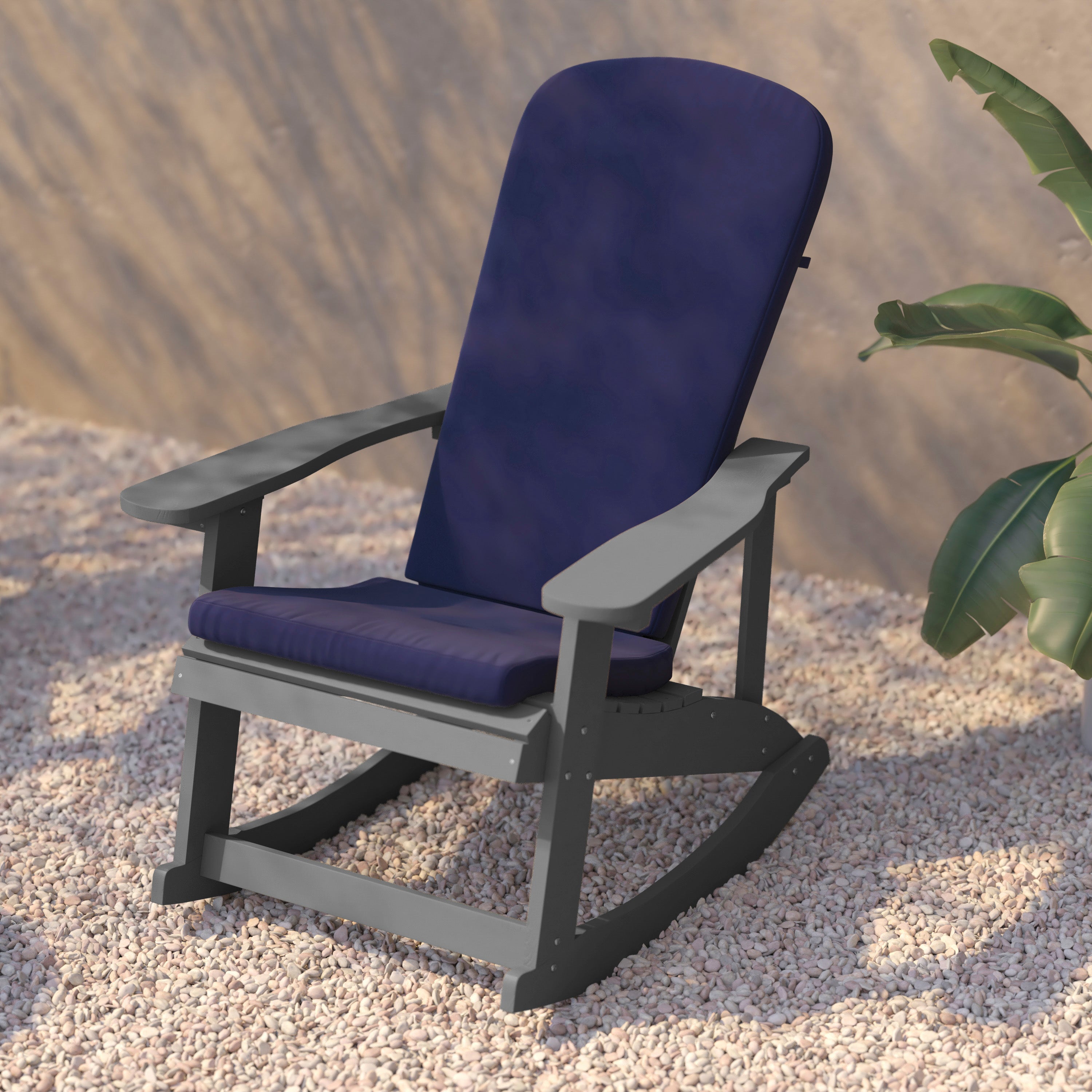 Savannah Set of 2 All-Weather Poly Resin Wood Adirondack Rocking Chairs in Gray with Blue Cushions for Deck, Porch, and Patio