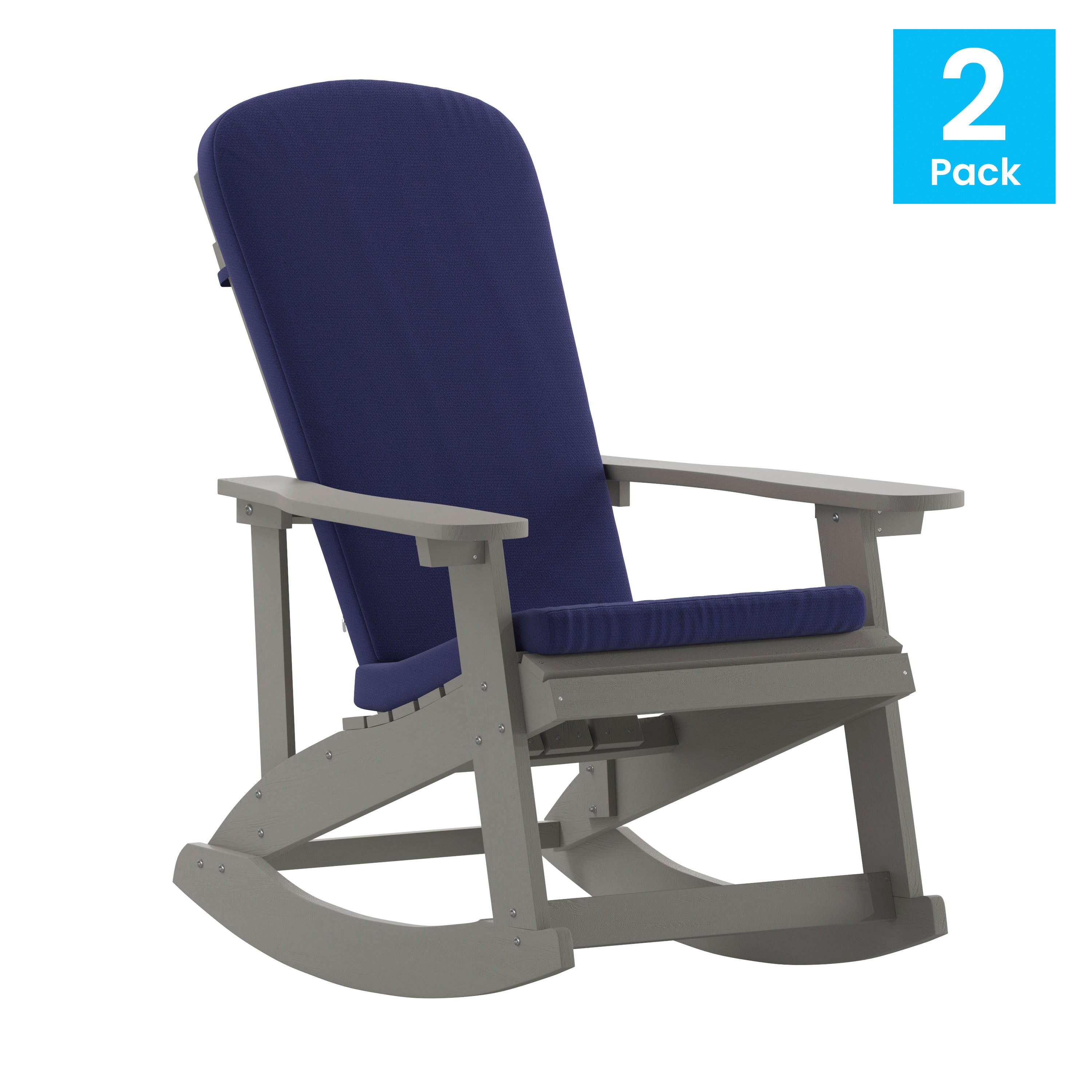 Savannah Set of 2 All-Weather Poly Resin Wood Adirondack Rocking Chairs in Gray with Blue Cushions for Deck, Porch, and Patio