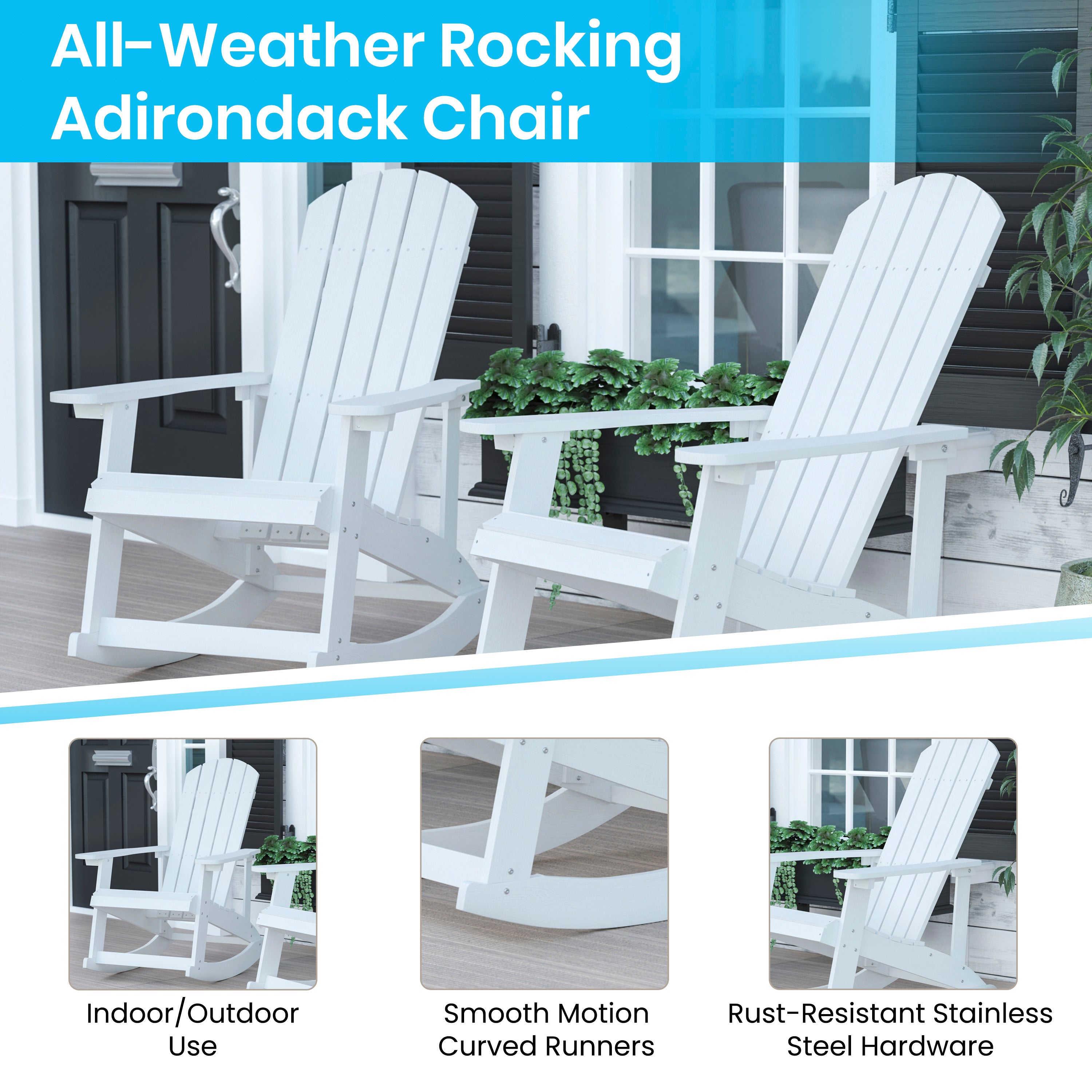 Savannah Set of 2 All-Weather Poly Resin Wood Adirondack Rocking Chairs in White with Blue Cushions for Deck, Porch, and Patio