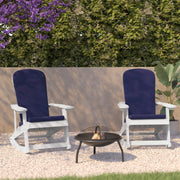 Savannah Set of 2 All-Weather Poly Resin Wood Adirondack Rocking Chairs in White with Blue Cushions for Deck, Porch, and Patio