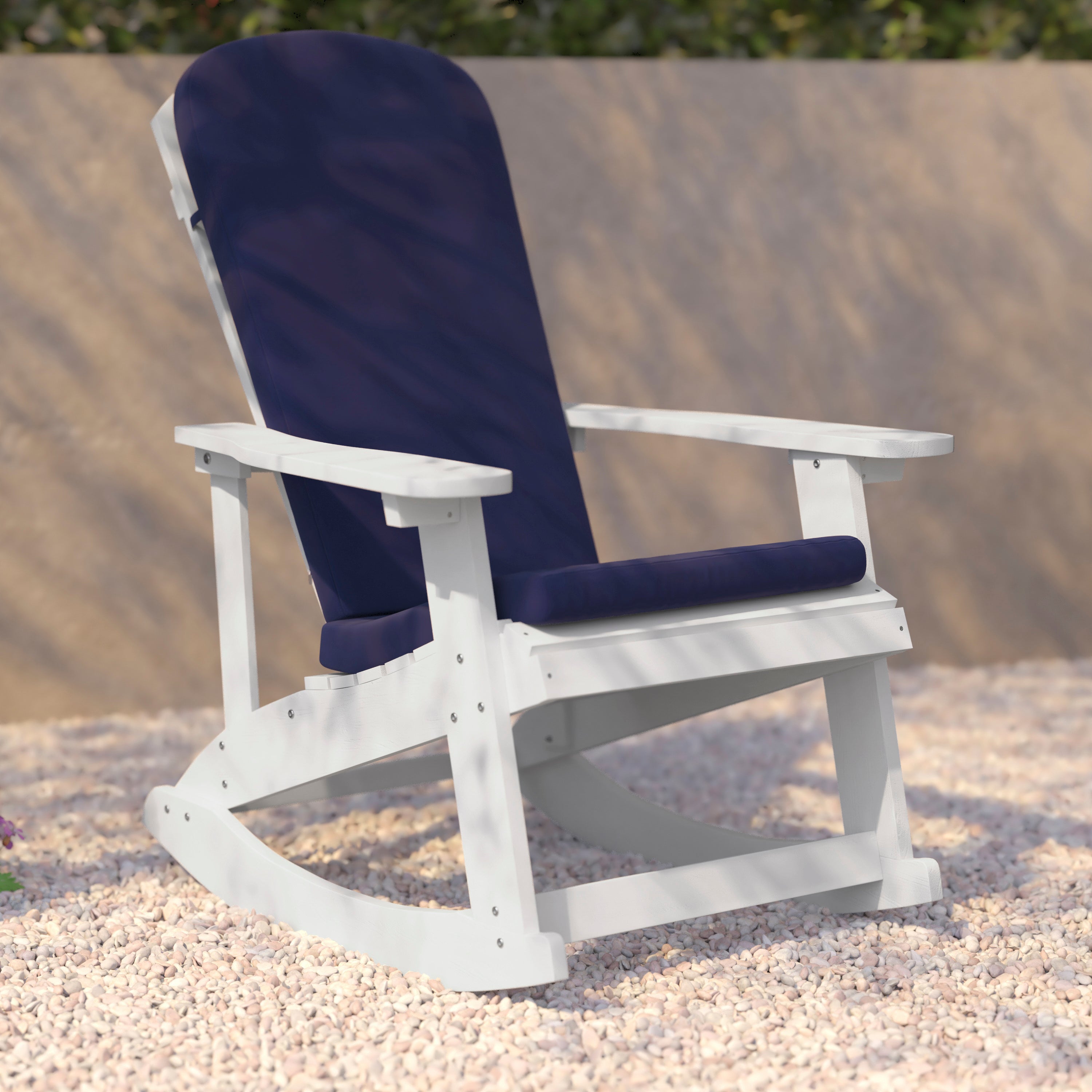 Savannah Set of 2 All-Weather Poly Resin Wood Adirondack Rocking Chairs in White with Blue Cushions for Deck, Porch, and Patio